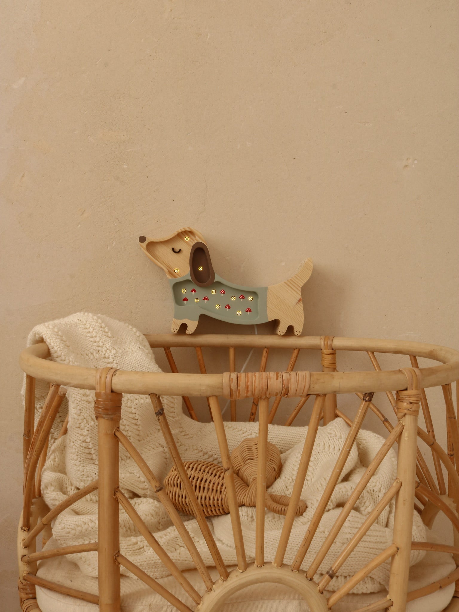 Little Lights Mini Puppy Lamp Mushrooms on Green — dimmable wooden LED lamp for cozy nursery ambiance