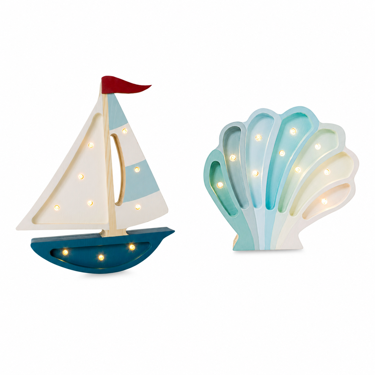 Little Lights Handmade Wooden Lamp Set on sale - Mini Sailboat Teal Lamp & Mini Seashell Bermuda Sky Night Light