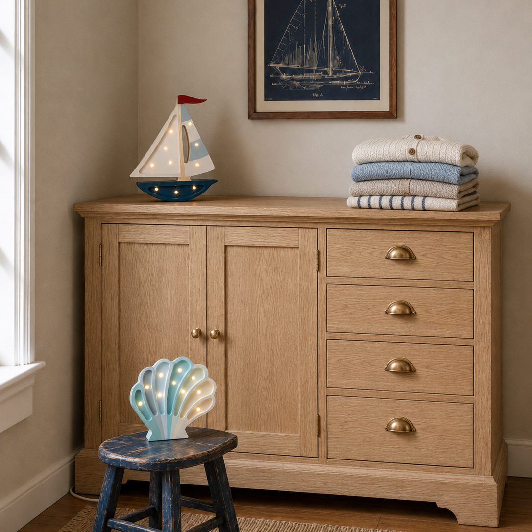 Teal Sailboat Lamp on a dresser in a baby room with wooden blue seashell lamp on a stool