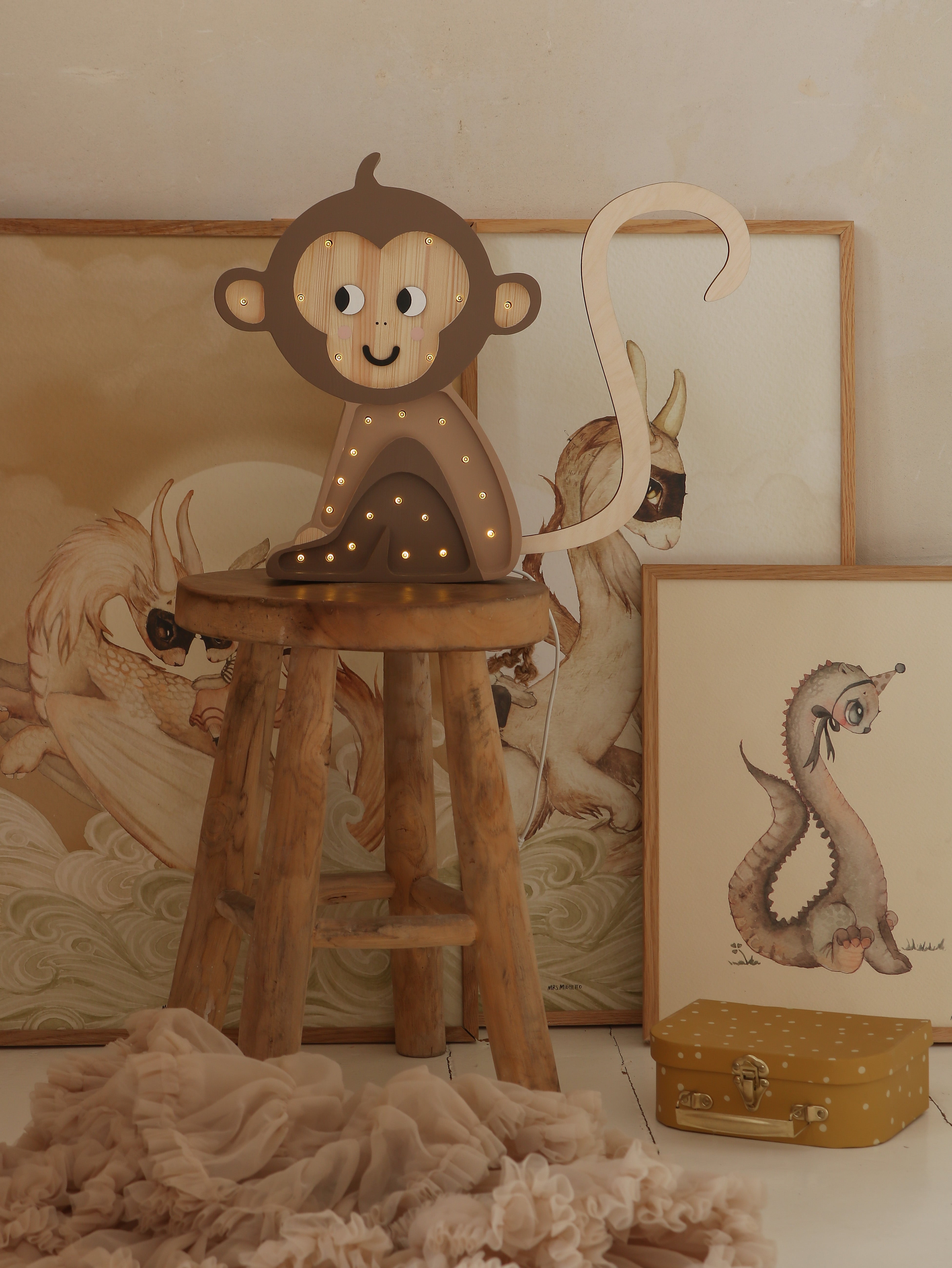 Little Lights Monkey Lamp in Jungle Brown — wooden LED night light, thoughtful nursery gift for toddlers and newborns