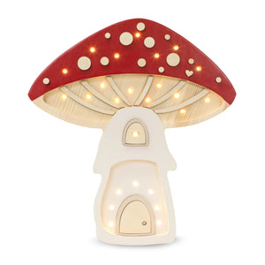 Mushroom House Lamp – handmade wooden night light for kids’ rooms with warm LED glow