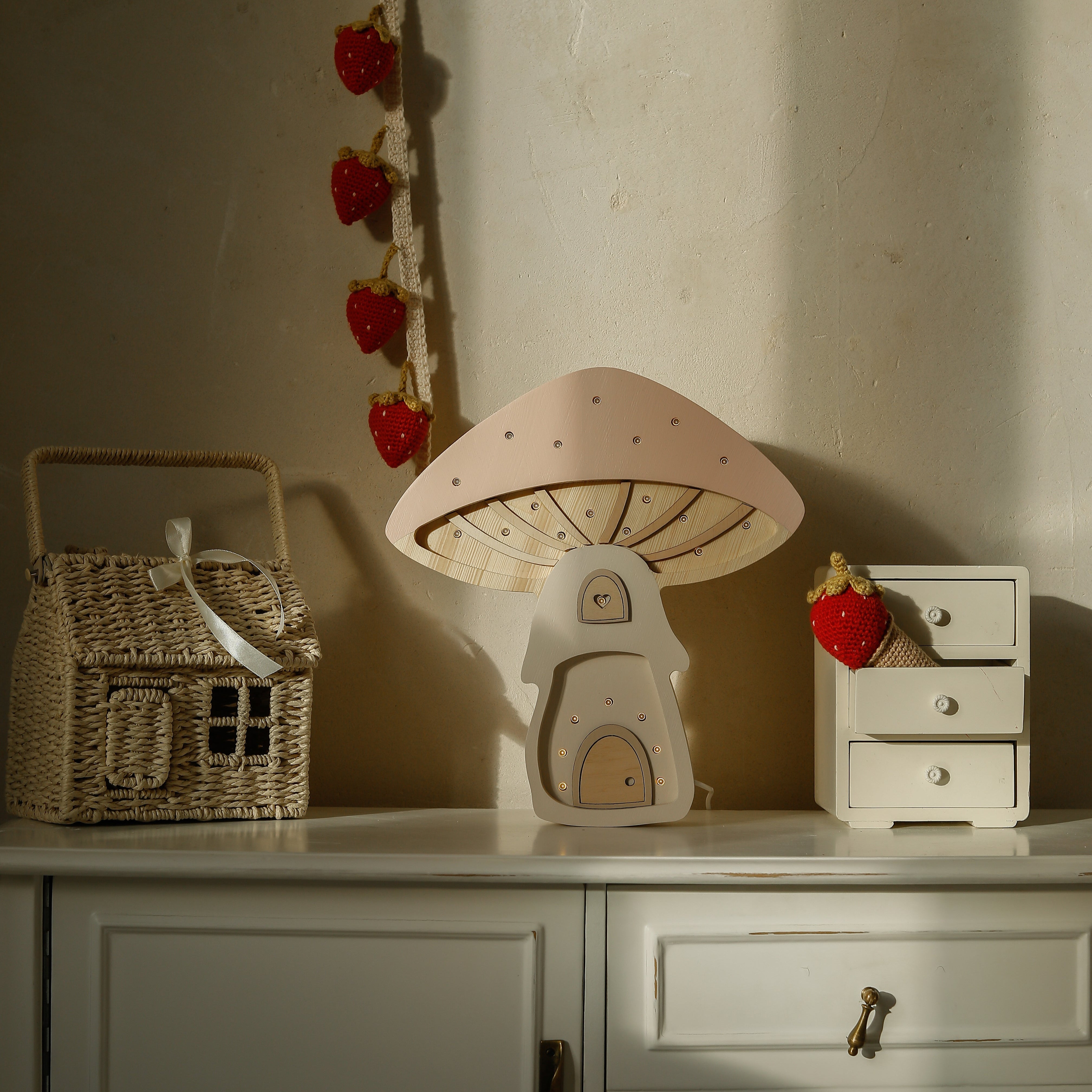 Handcrafted wooden Mushroom House Lamp – perfect baby girl gift and kids night light