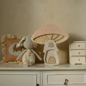 Mushroom House Lamp on nursery dresser – decorative handmade wooden night light