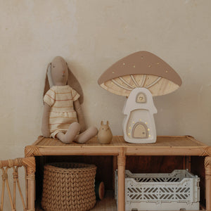 Mushroom House Lamp on nursery shelf – decorative handmade wooden night light