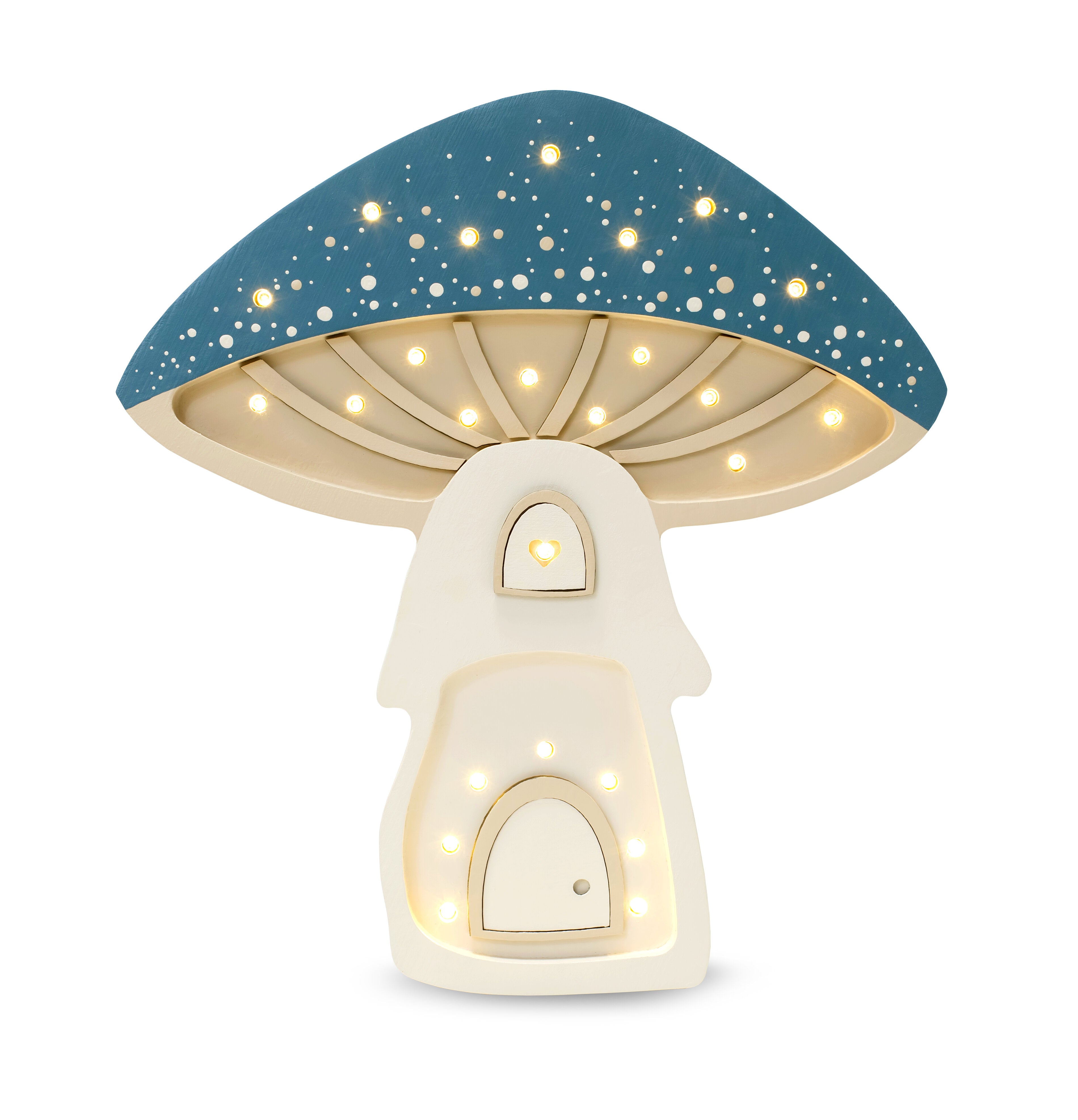 Mushroom House Lamp window detail glowing softly – charming wooden baby gift.
