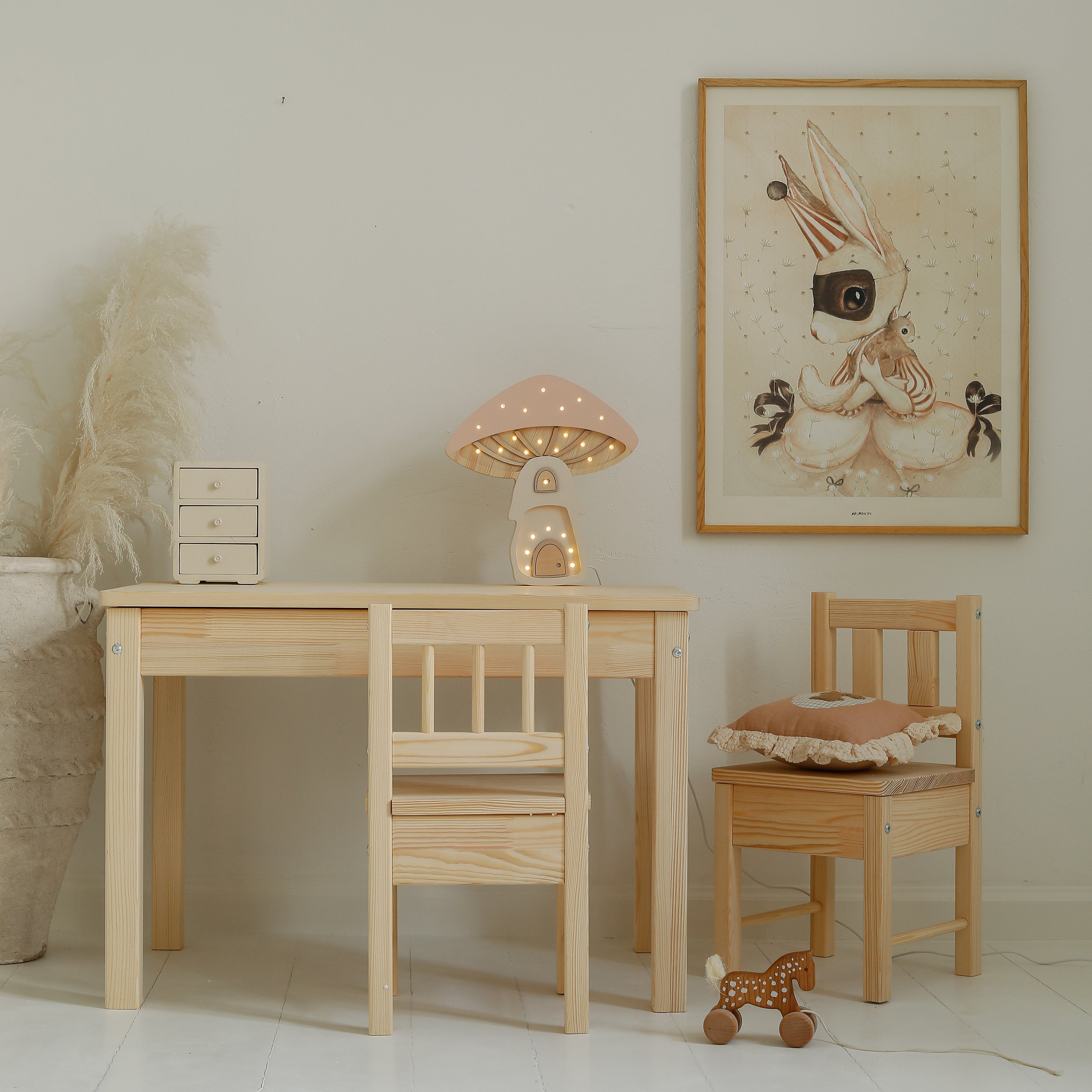 Mushroom House Lamp window detail glowing softly – charming wooden baby gift