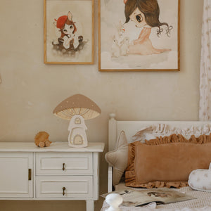 Wooden Mushroom House Lamp styled as fairy home – playful kids room decor.