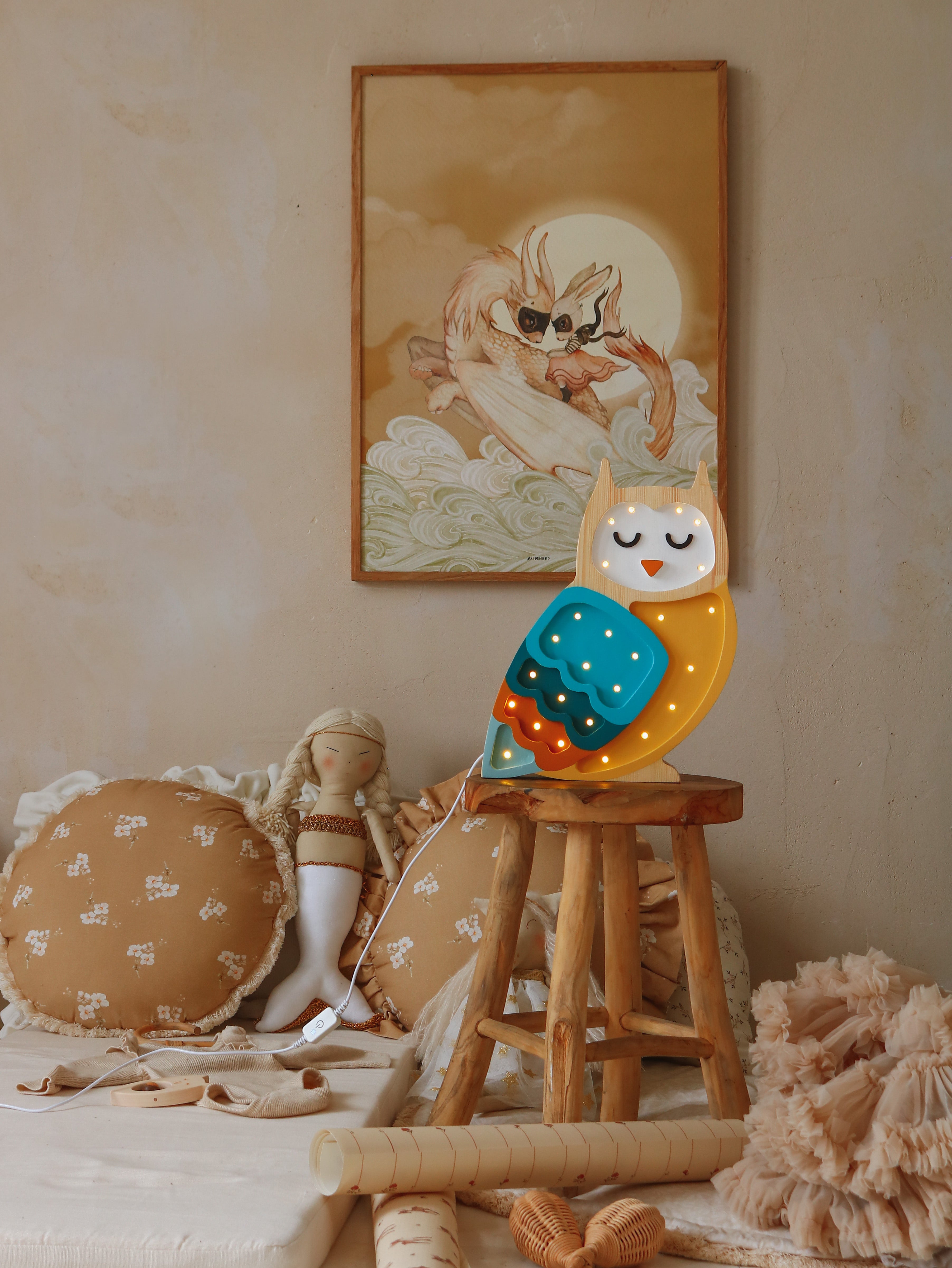Little Lights Mustard Owl Lamp — wooden LED night light perfect for gender-neutral baby nursery décor