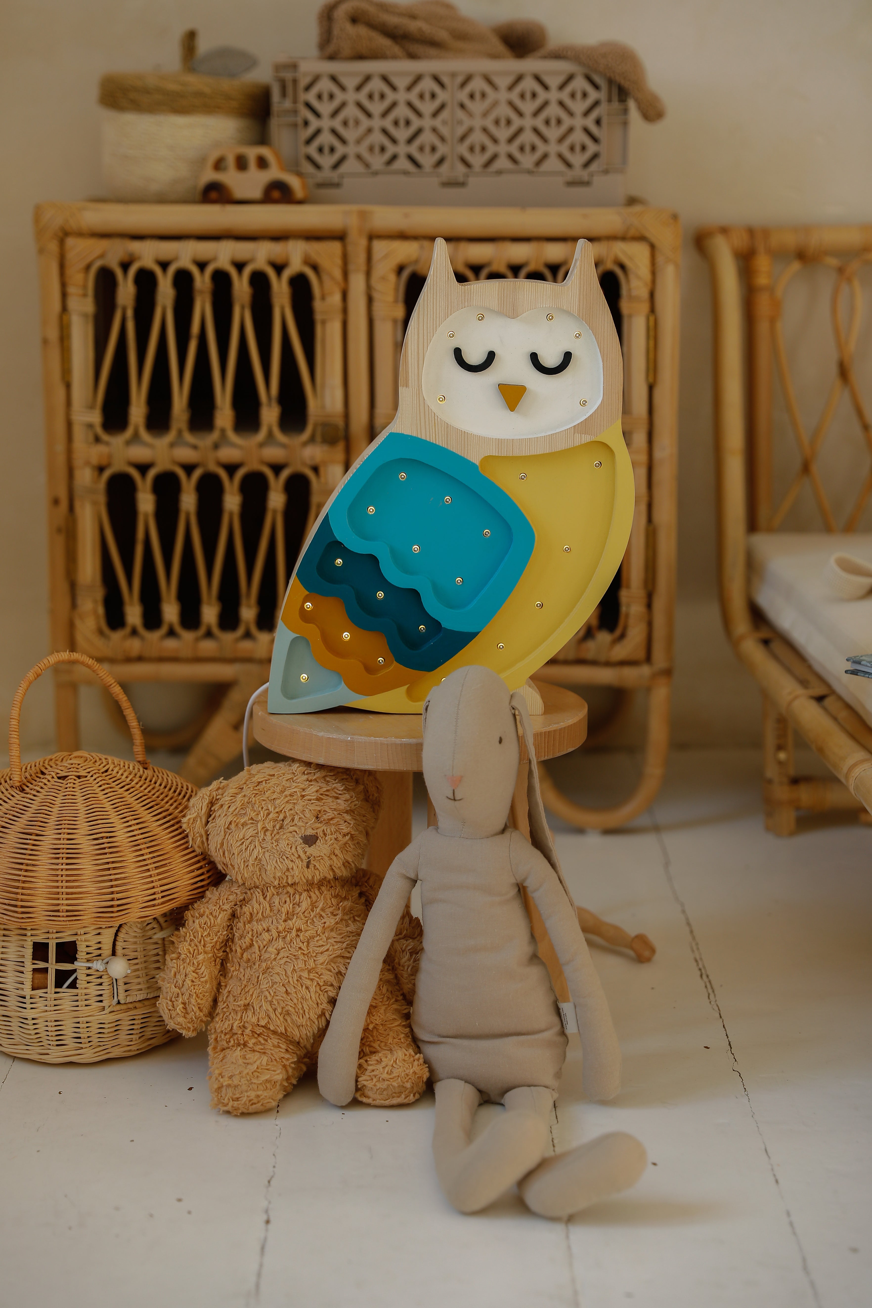 Little Lights Owl Lamp in Mustard — wooden LED night light, perfect cozy lighting for kids’ bedrooms