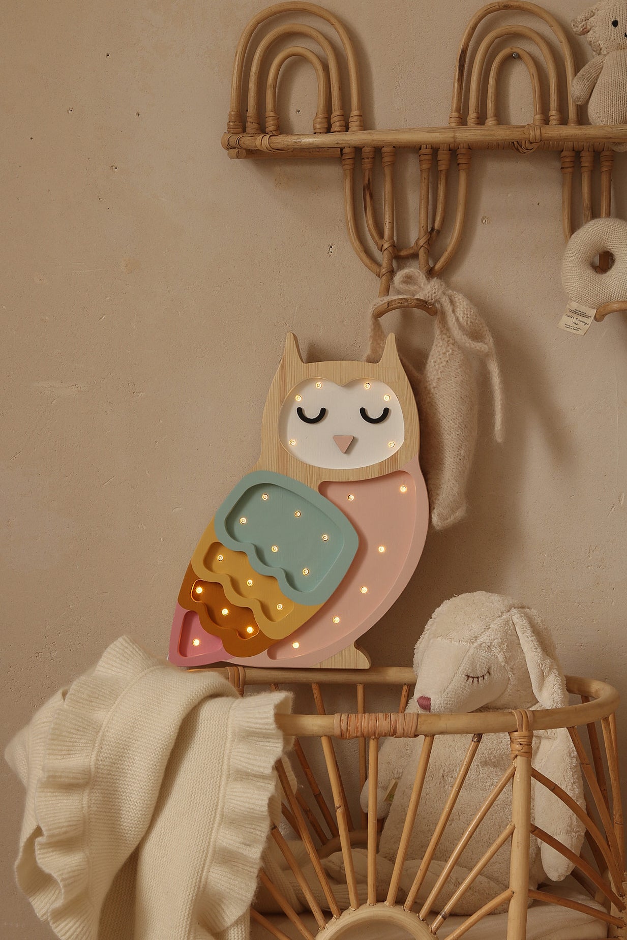 Little Lights Retro Rainbow Owl Lamp — dimmable wooden LED nursery light for colorful modern bedrooms
