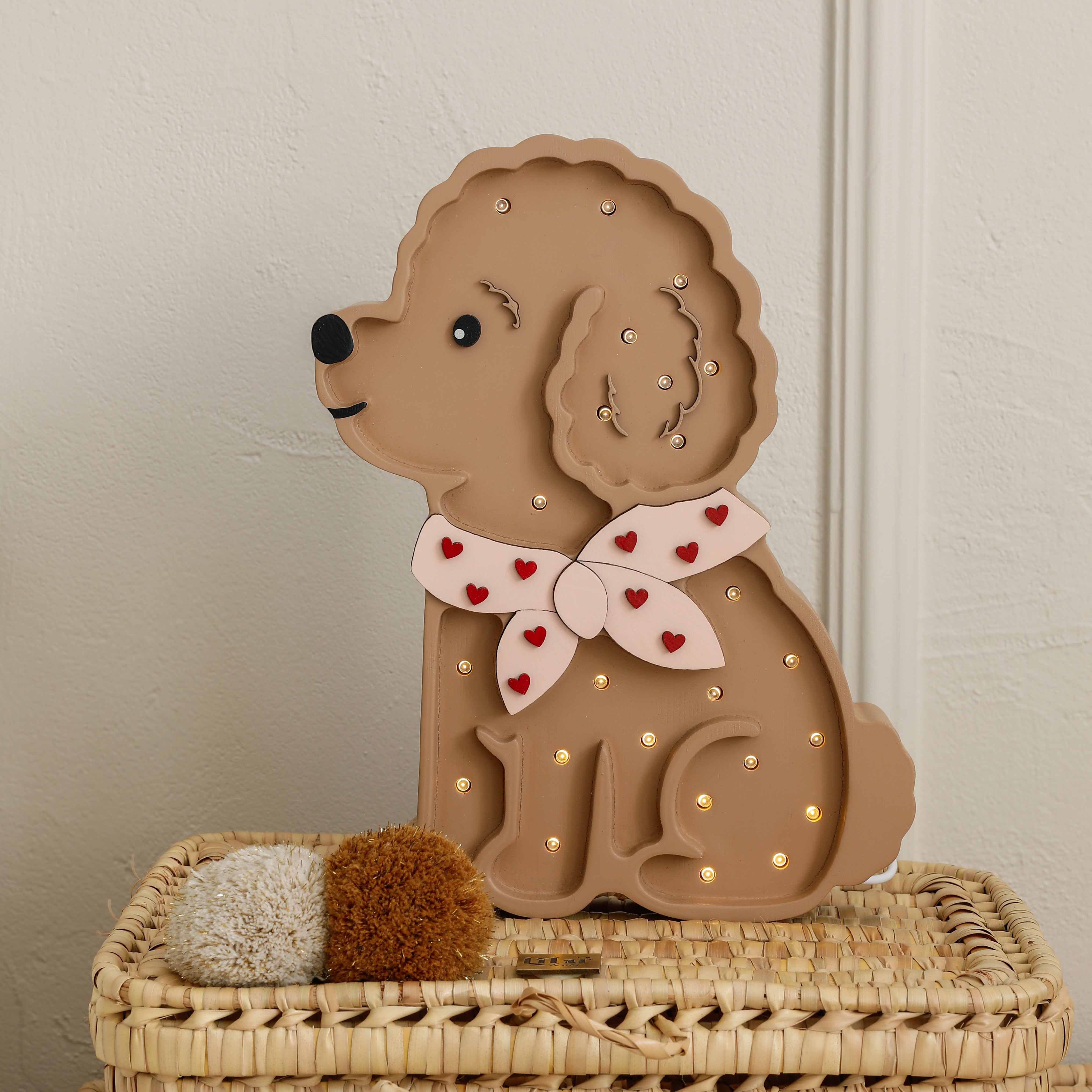 Fluffy Poodle Dog Dimmable lamp on a wicker bsket in kids bedroom