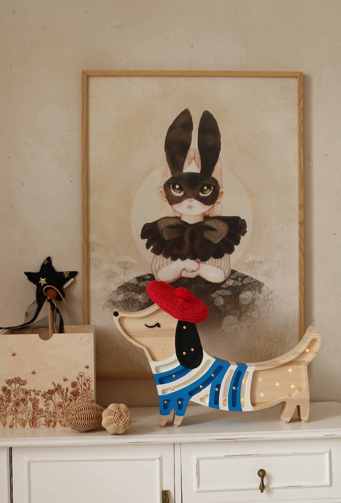 French Style Little Lights Puppy night light, handcrafted wooden nursery lamp with dimmable LED