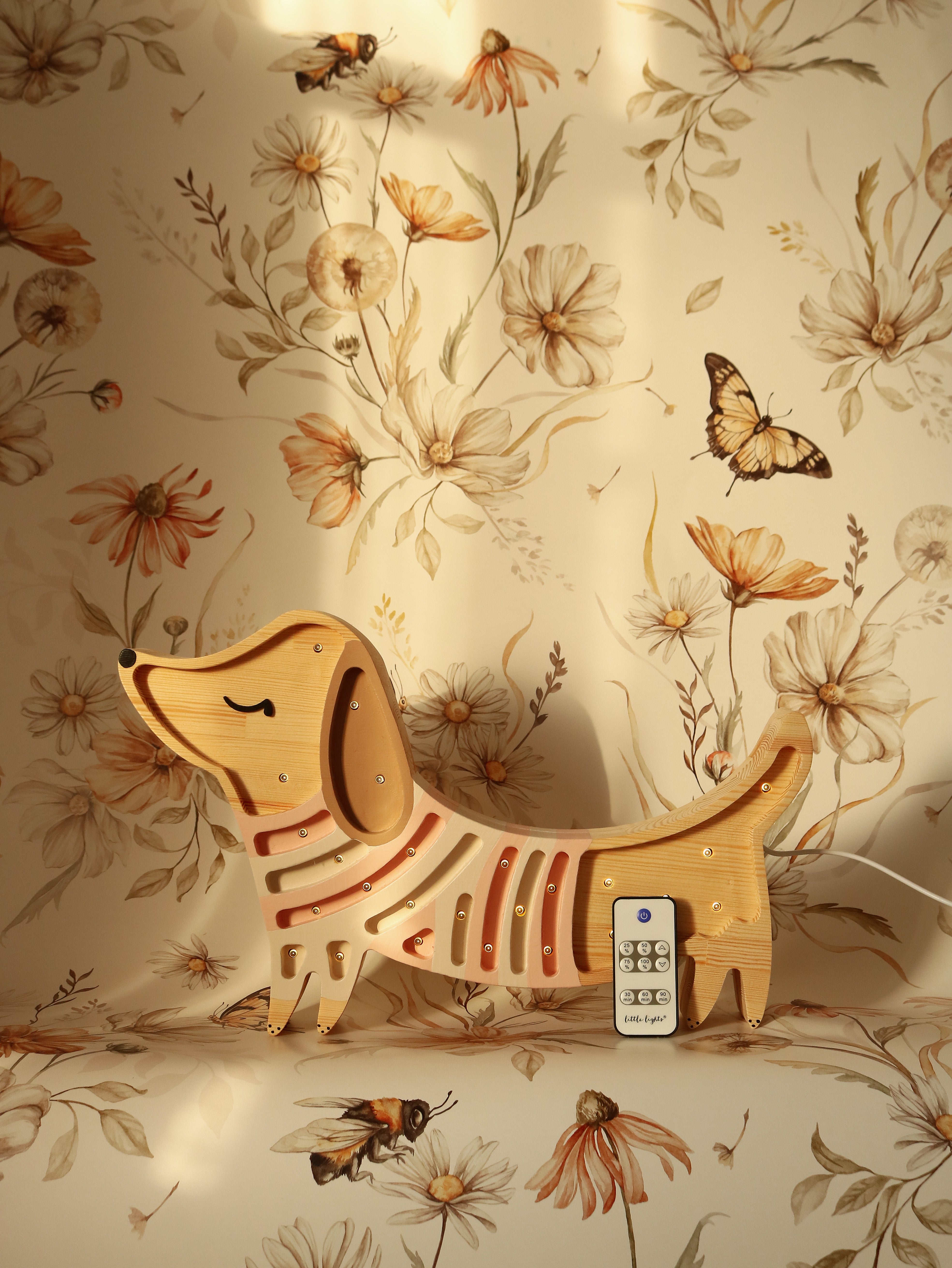 Little Lights Strawberry Cream Puppy nightlight, handcrafted wooden lamp with dimmable LED and remote