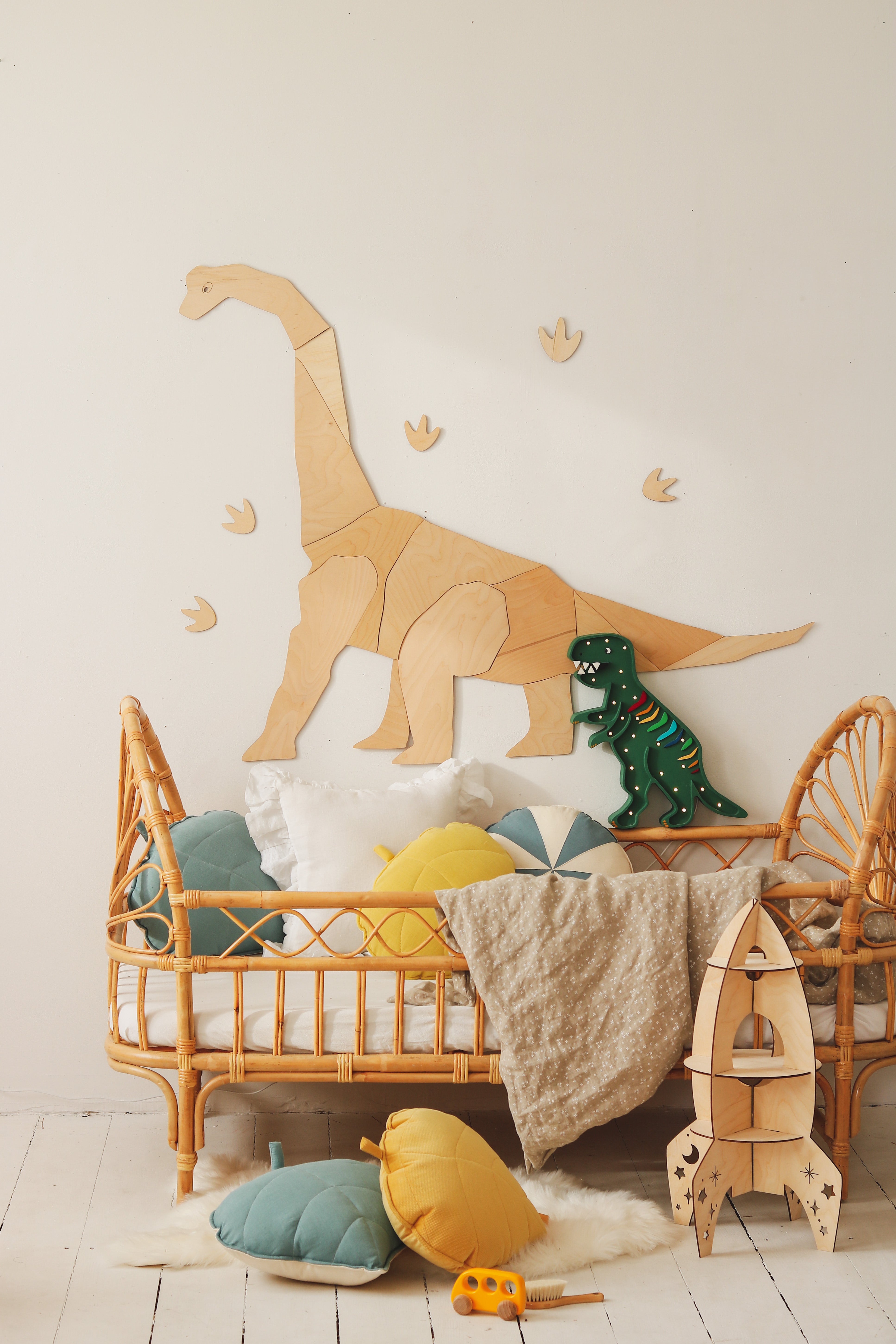 Rainbow Green T-Rex Dinosaur night light by Little Lights, handcrafted wooden dimmable LED kids’ lamp