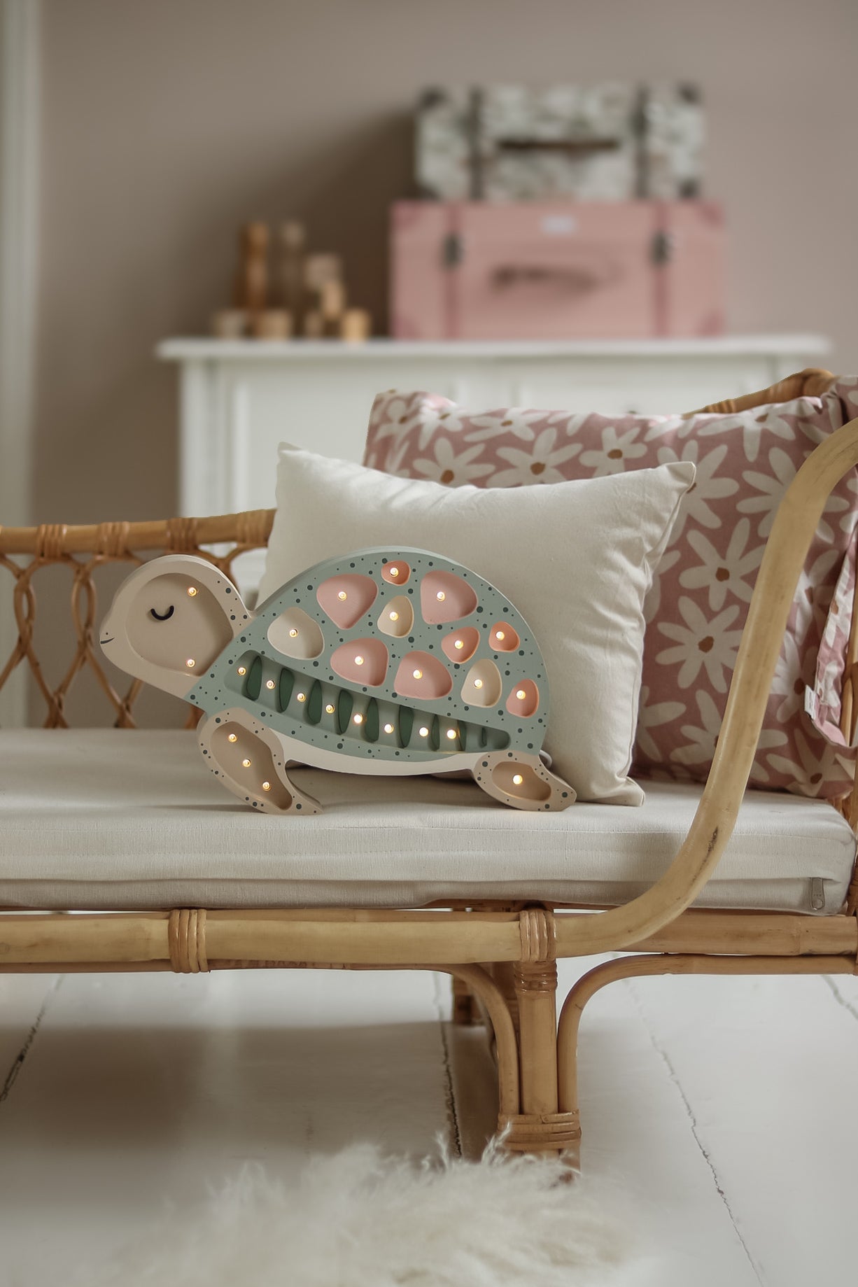 Cute Seafoam Pink turtle lamp for babies, handmade wooden Little Lights design