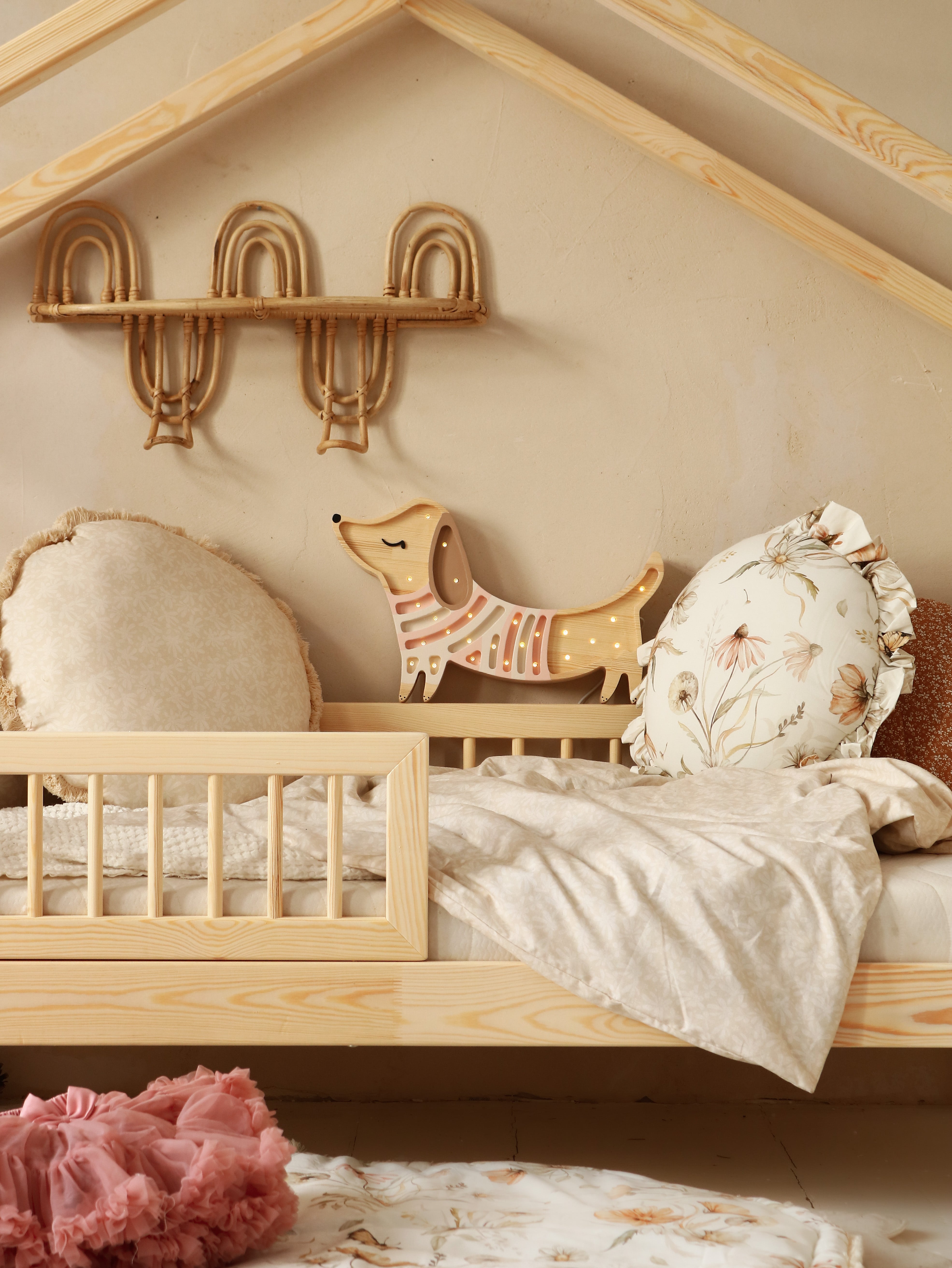 Little Lights wooden Puppy Lamp in Strawberry Cream, handmade with dimmable LED lighting