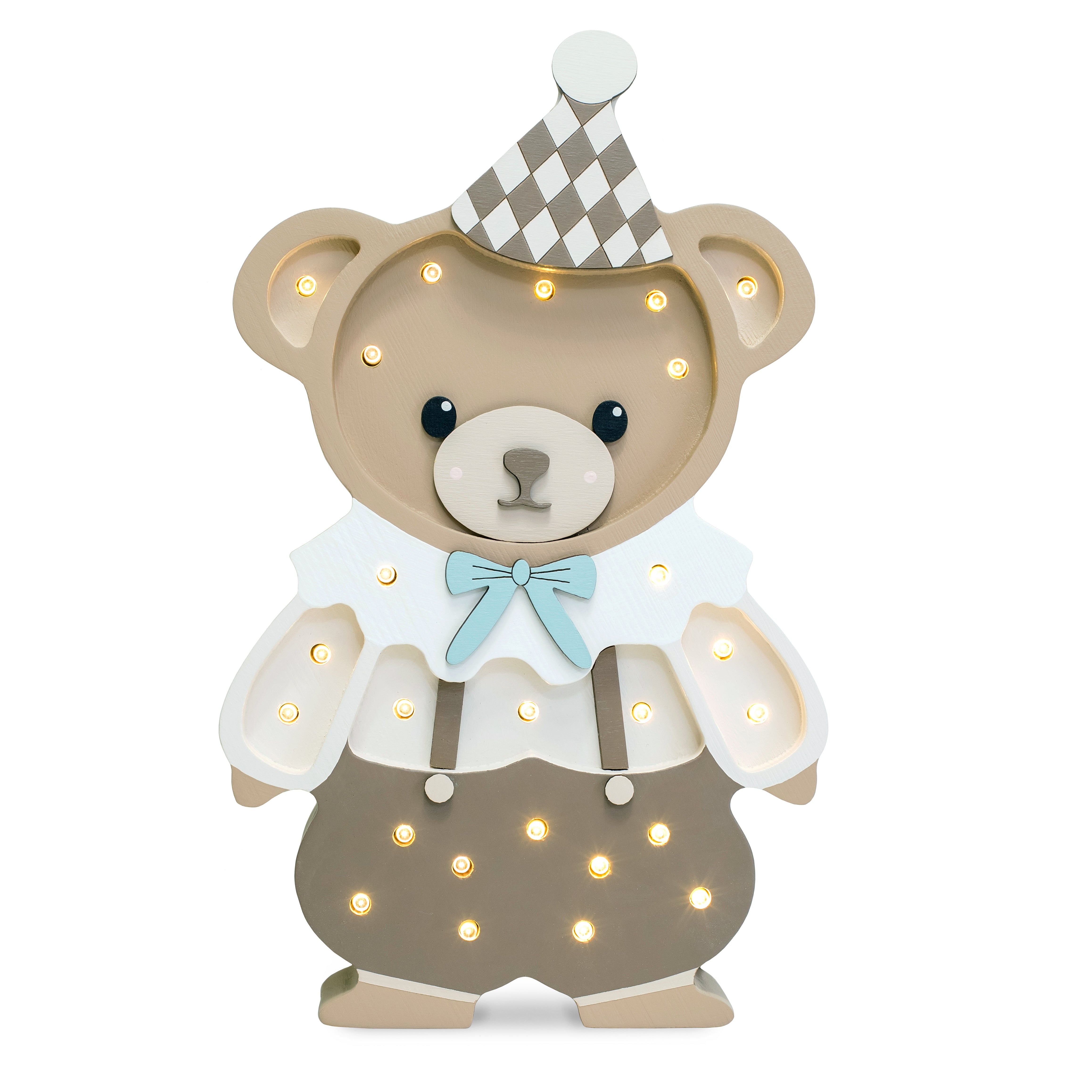Theo the Bear Lamp front view – LED night light handmade from natural pinewood for kids’ room