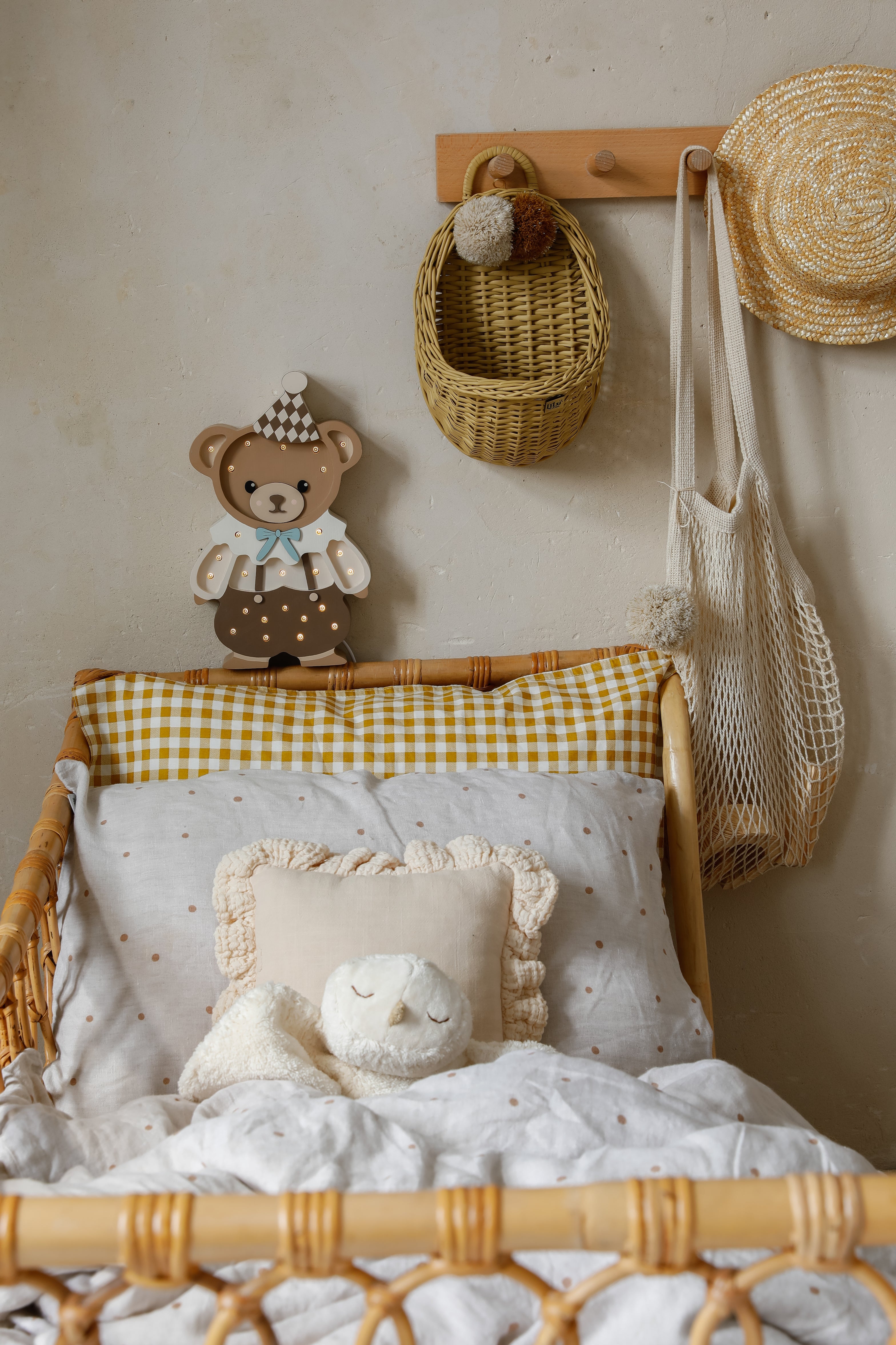 Little Lights Theo the Bear Lamp, handmade wooden dimmable LED night light with remote, perfect nursery gift for babies and kids