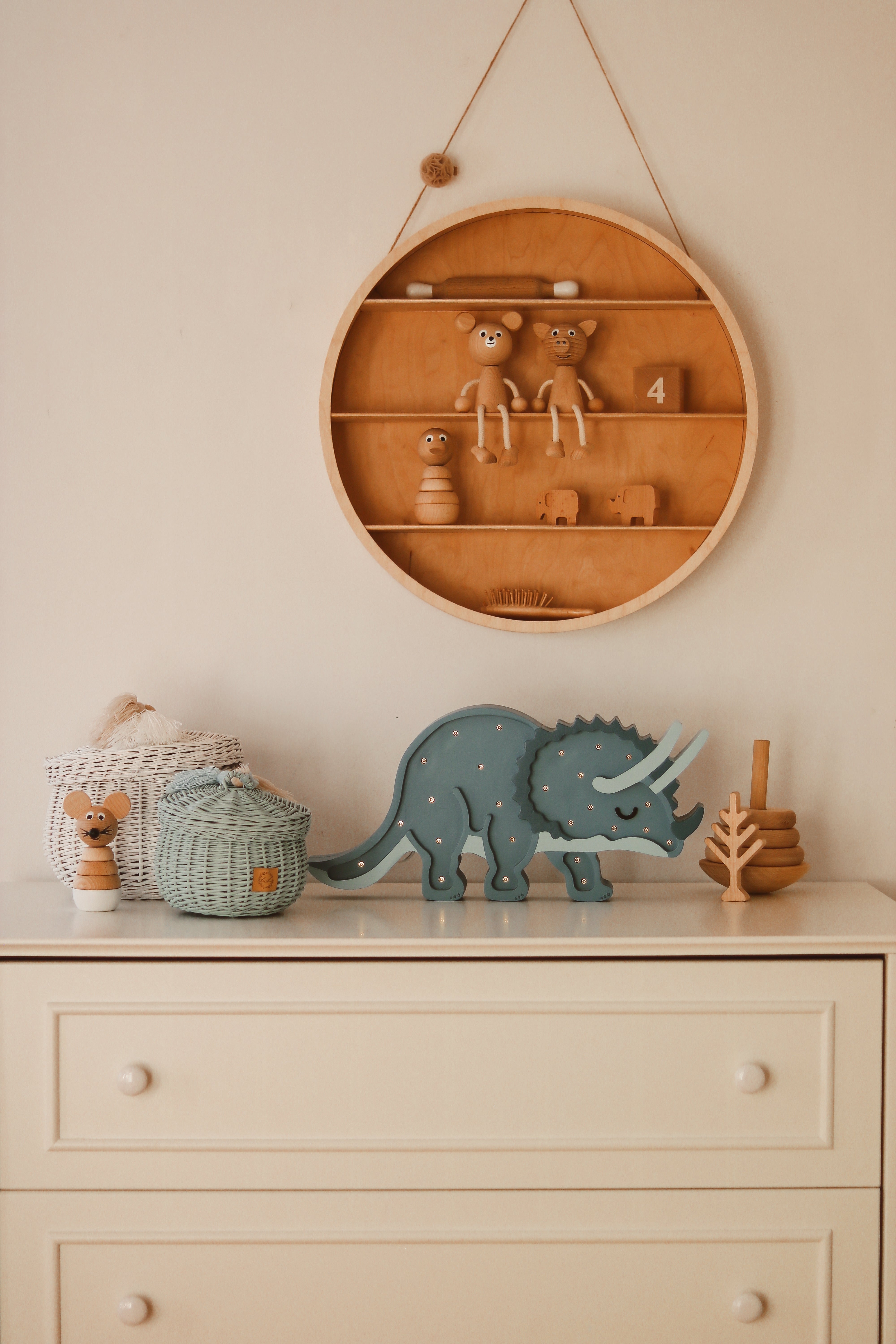 Little Lights wooden Triceratops Lamp in deep Jurassic Navy, remote-controlled dimmable LED