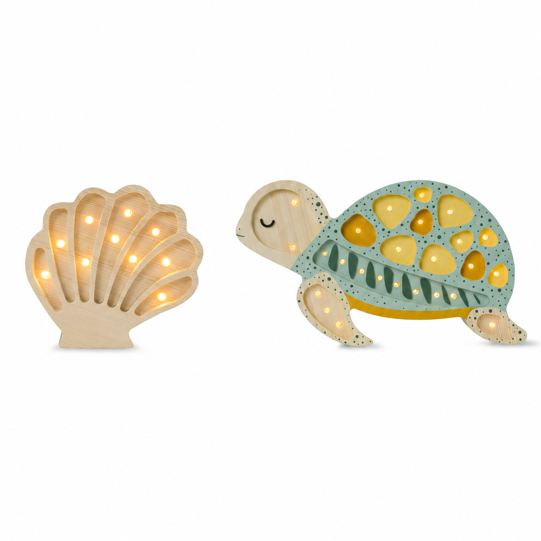 Turtle Galapagos Sage & Mini Seashell Coastal Wood Lamp Set for kids room with dimmer