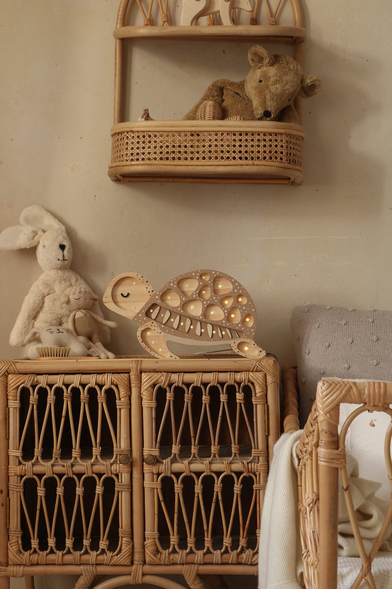 Little Lights wooden turtle nursery lamp in warm Sand Dune tone, dimmable LED