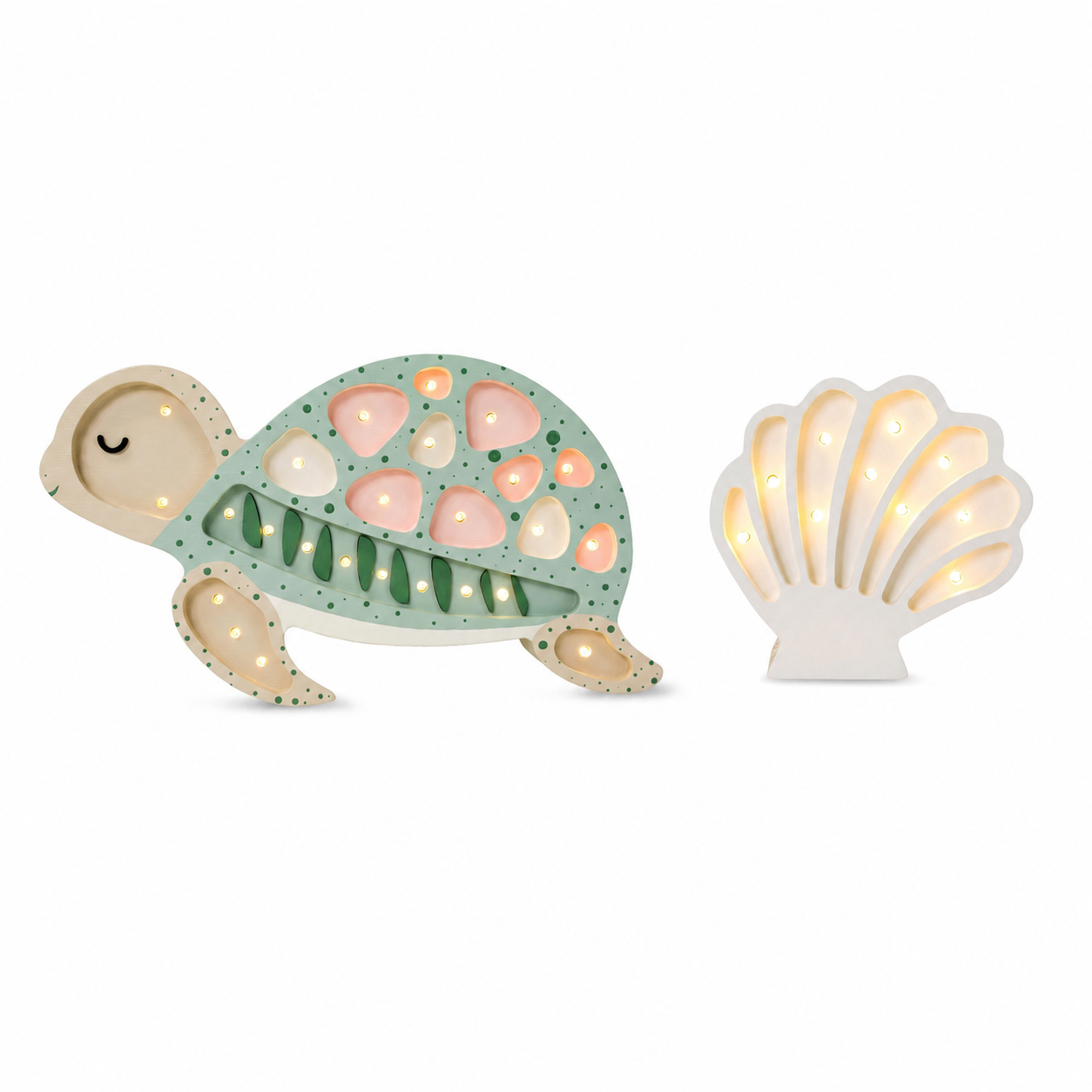Turtle Seafoam Pink & Mini Seashell Pearl WhiteLamp Set for kids room with dimmer