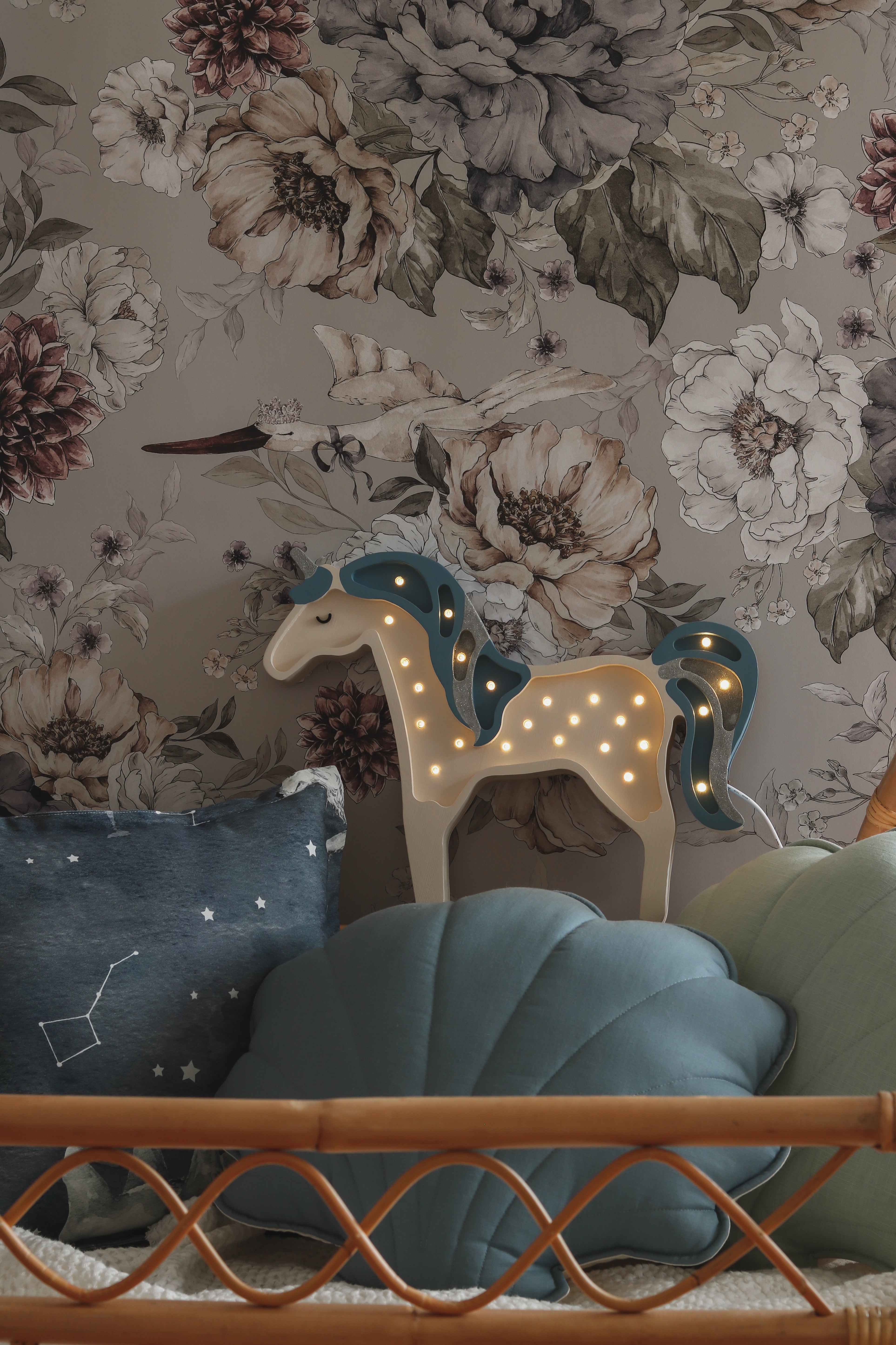 Handmade wooden unicorn lamp in Denim Glitter, dimmable LED nursery décor