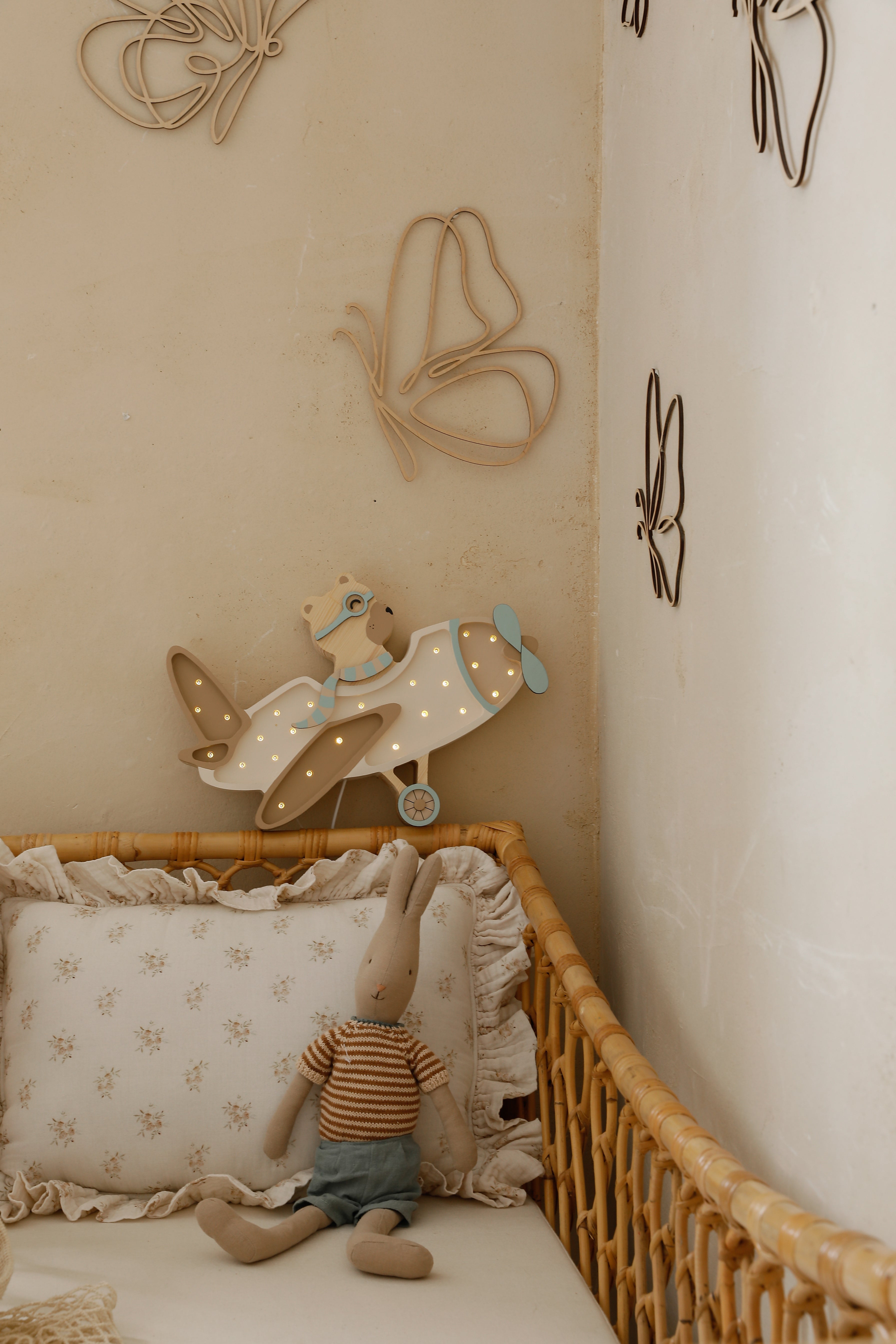 Vanilla Sky airplane lamp with bear by Little Lights, wooden dimmable LED nursery light