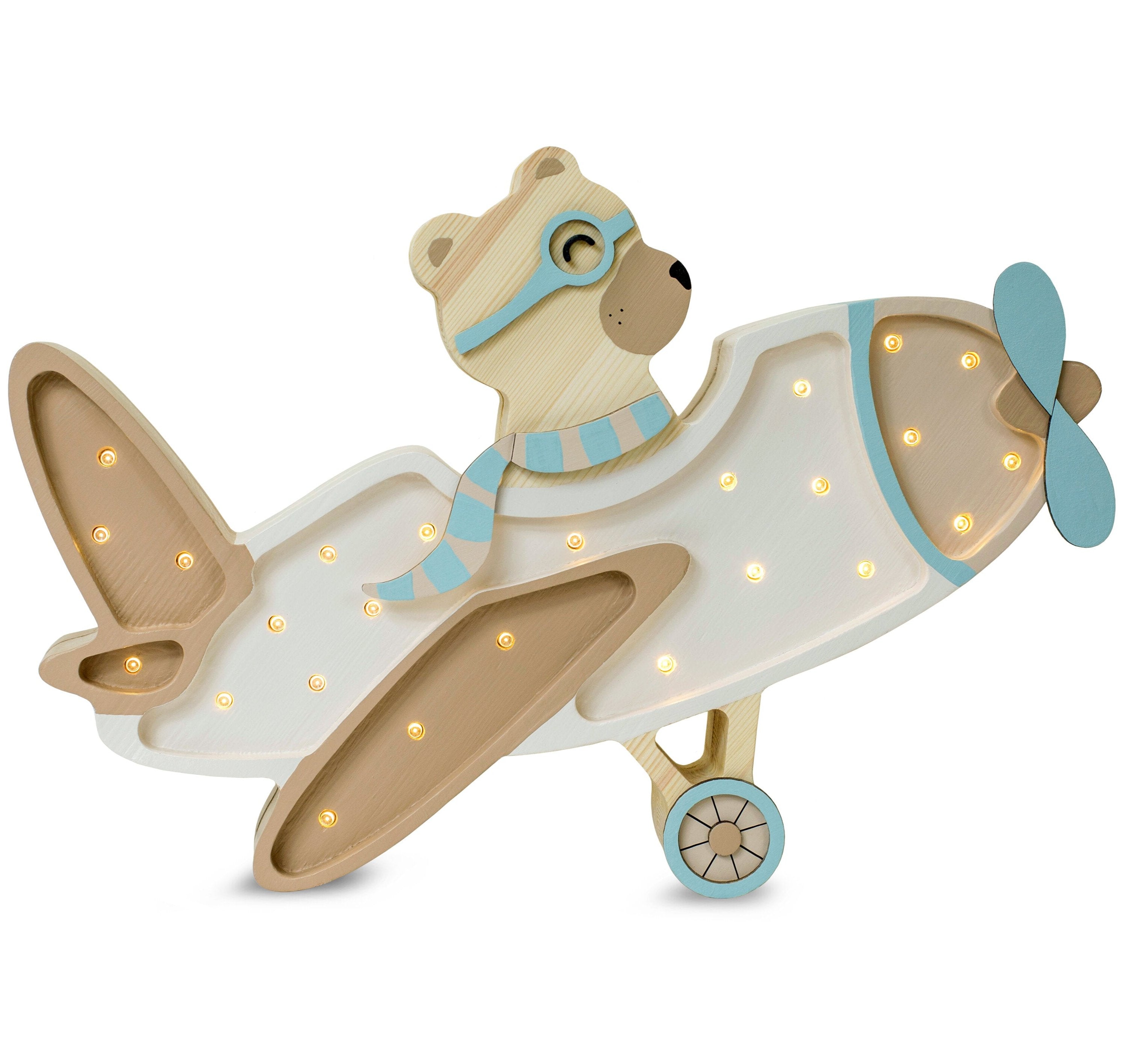 Little Lights Vintage Airplane Lamp in Vanilla Sky with bear pilot, handmade wooden dimmable LED