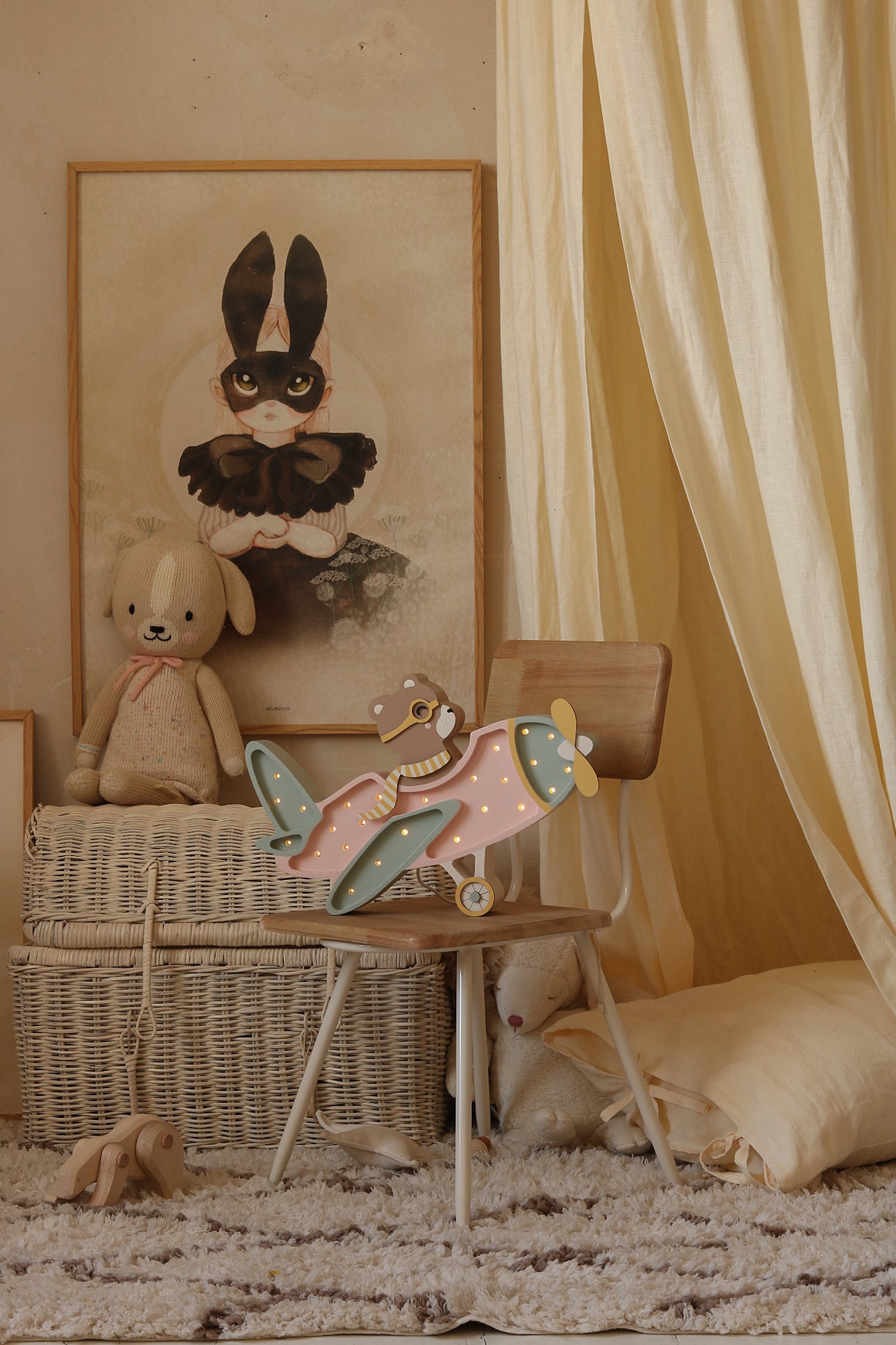 Candy Sweet wooden airplane lamp with bear pilot, soft dimmable LED baby room light