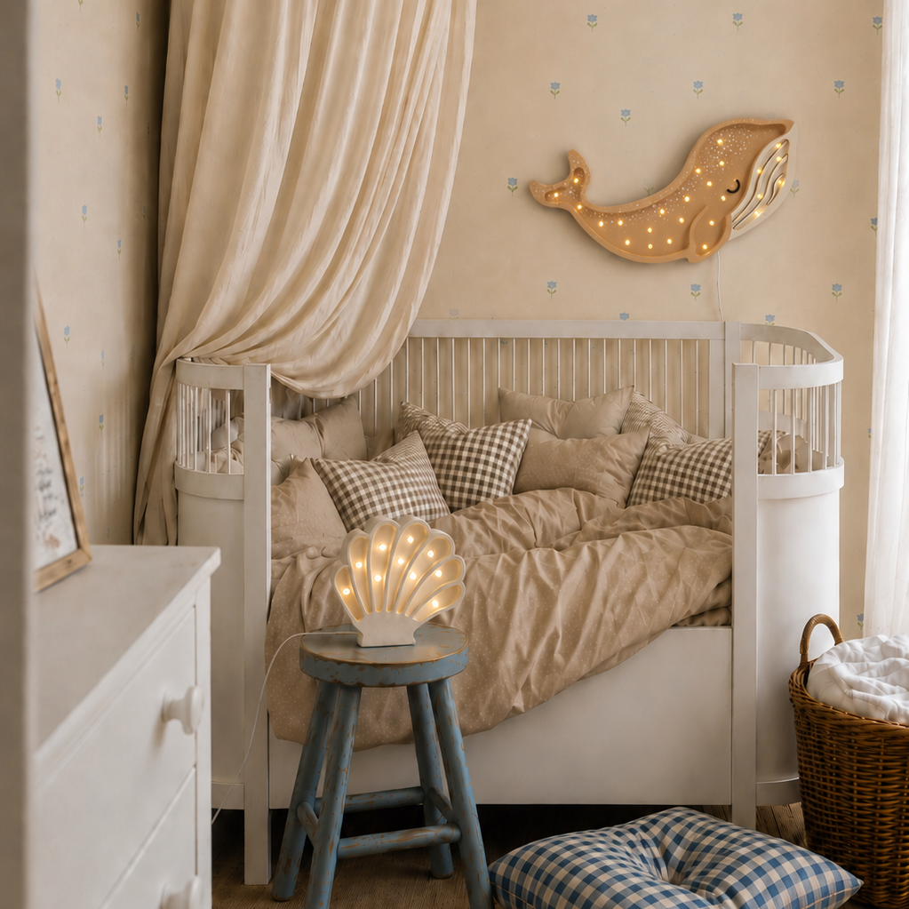 A styled children's bedroom featuring a Brown Wooden Whale Night Light. The room has beige patterned wallpaper, a blue wooden stool with a glowing white shell-shaped lamp, a blue-and-white checkered floor cushion, and a wicker basket.