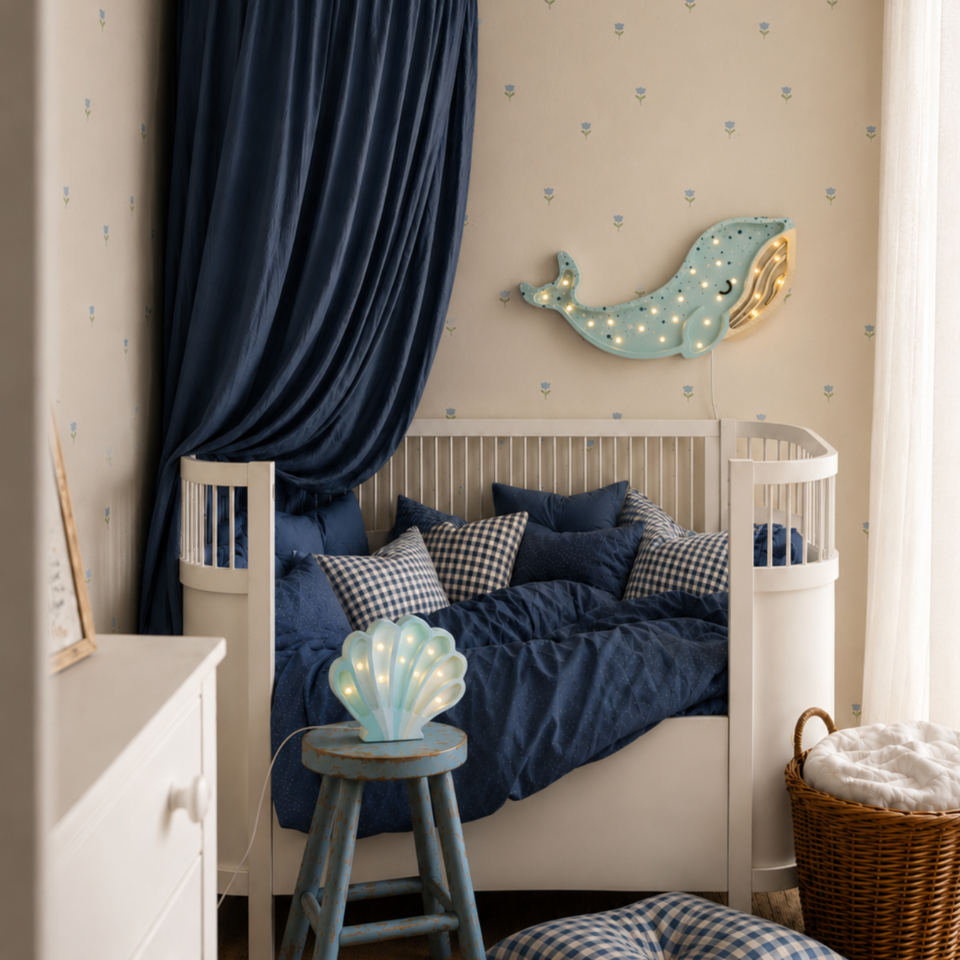 A styled children's bedroom featuring a white wooden toddler bed with navy blue bedding and a matching navy blue canopy curtain. The room has beige wallpaper, a light blue whale lamp hanging above the bed, a small blue stool with a glowing light blue dimmable Shell lamp, and a wicker basket.