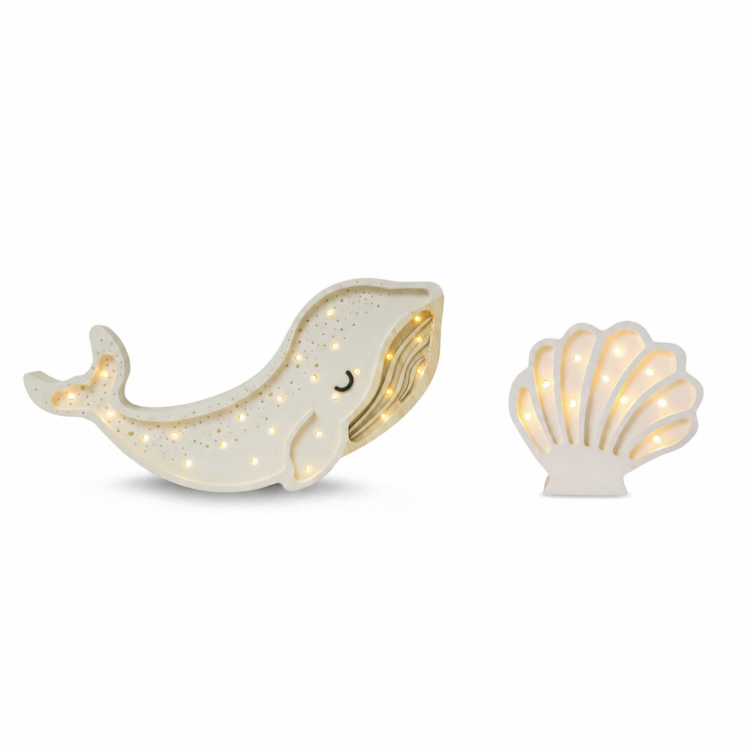 Whale Albino White & Mini Seashell White Pearl Lamp Set for kids room with dimmer