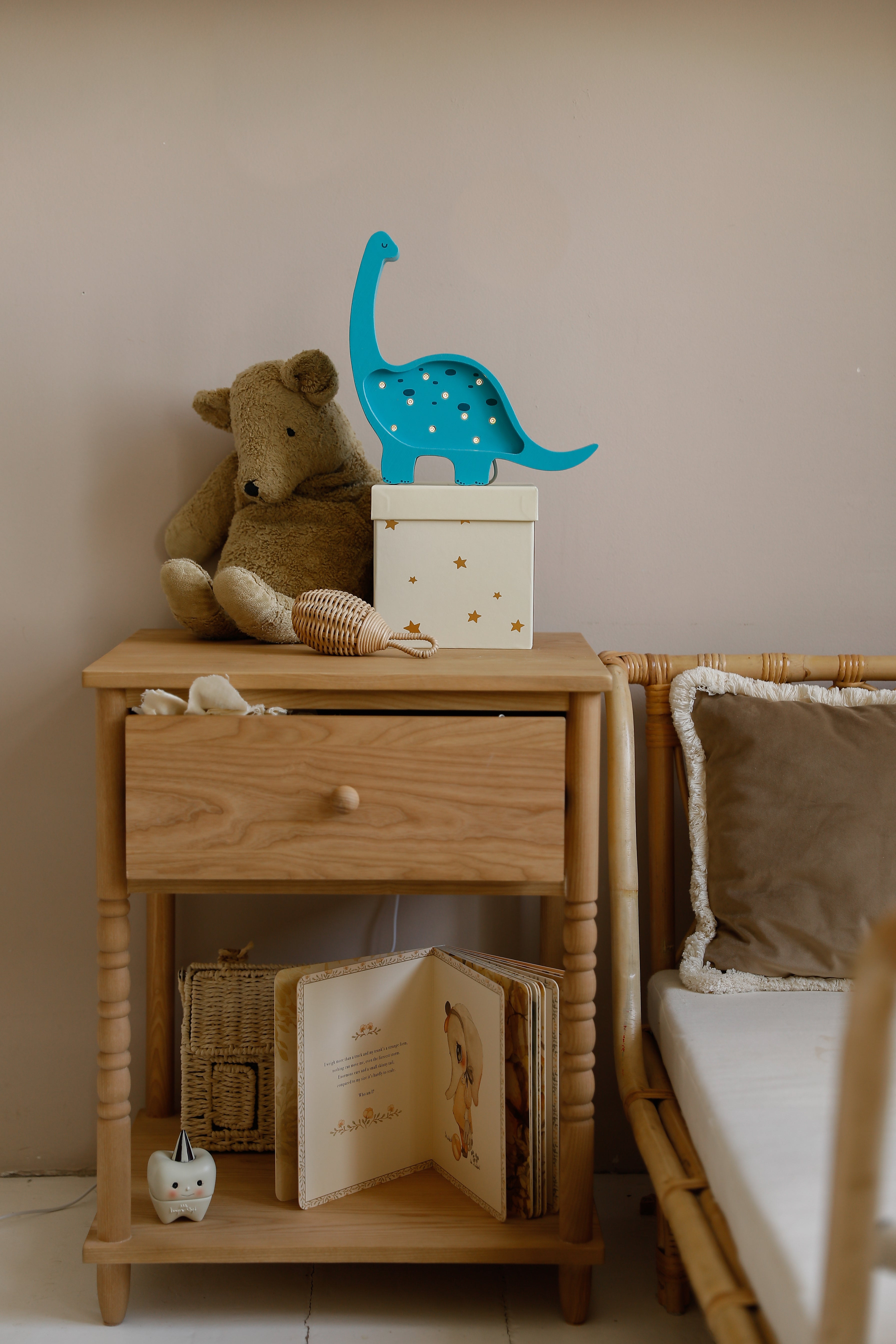 Handmade cyan wooden dinosaur lamp – ideal baby gift idea