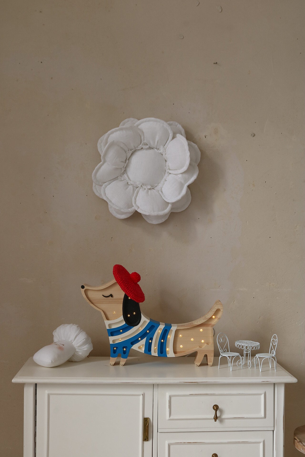 Handmade wooden French Style Puppy Lamp from Little Lights, dimmable LED nursery lighting