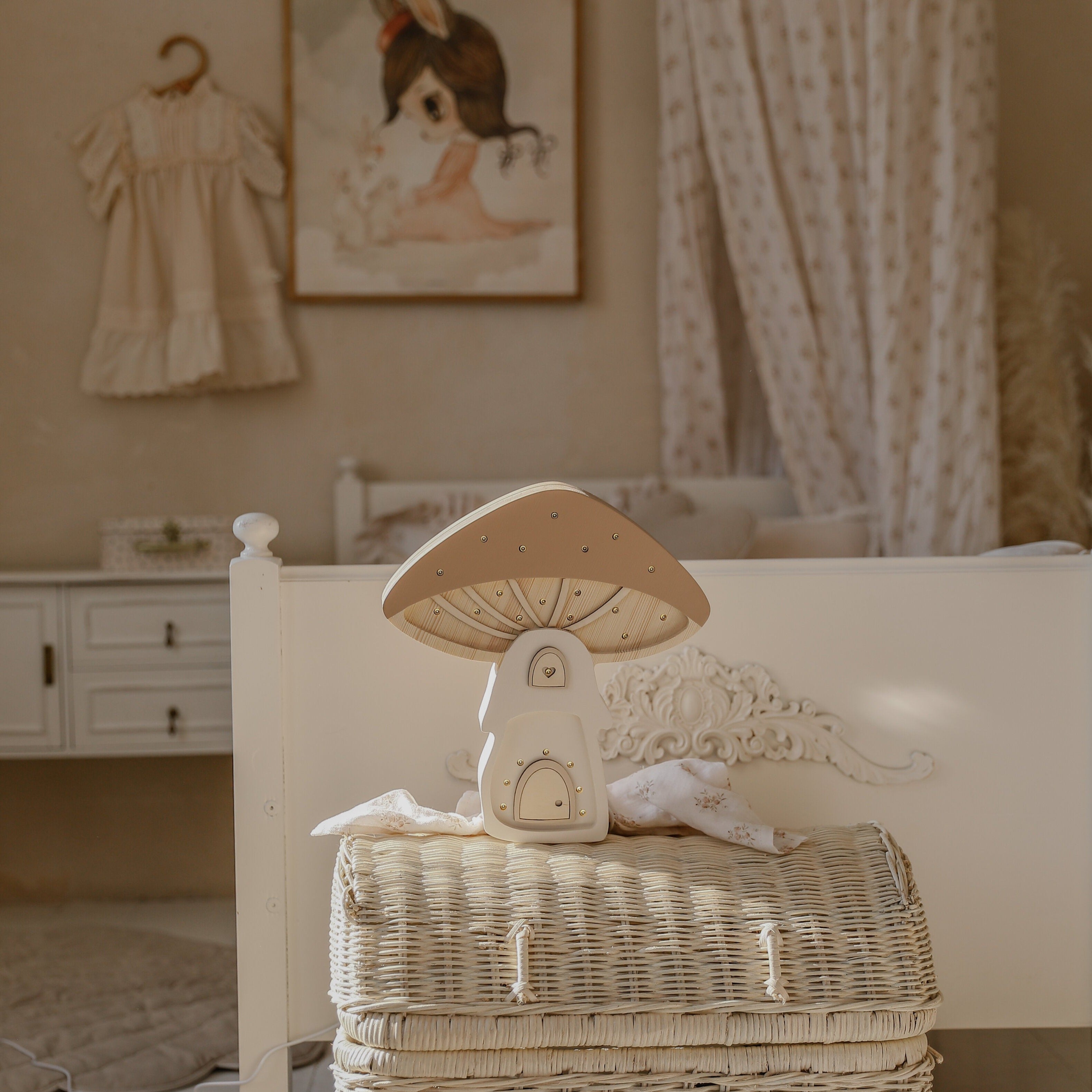 Softly glowing Mushroom House Lamp – dimmable nursery night light made of wood.