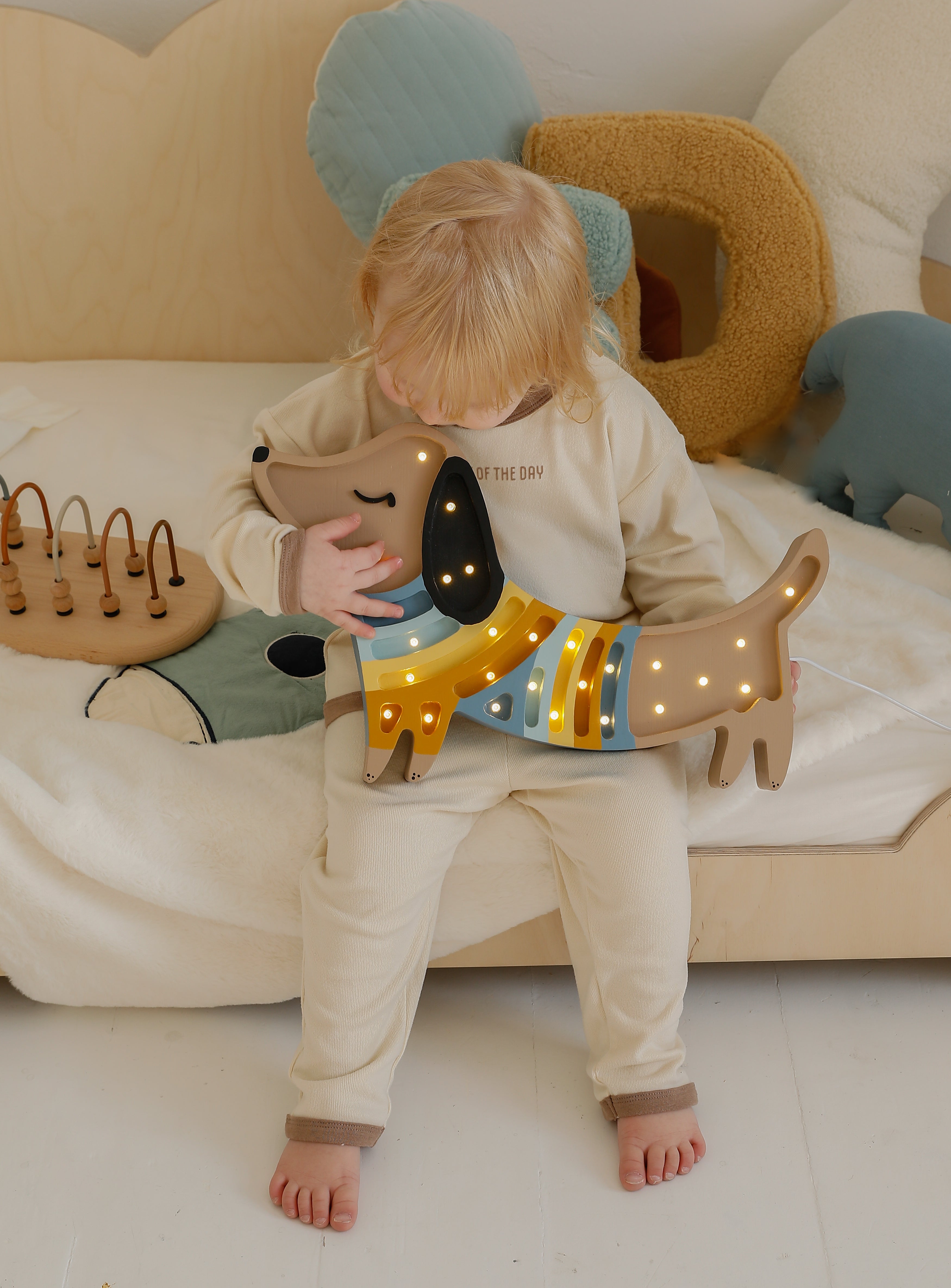 Handmade wooden Retro Brown Puppy Lamp from Little Lights, dimmable LED nursery décor