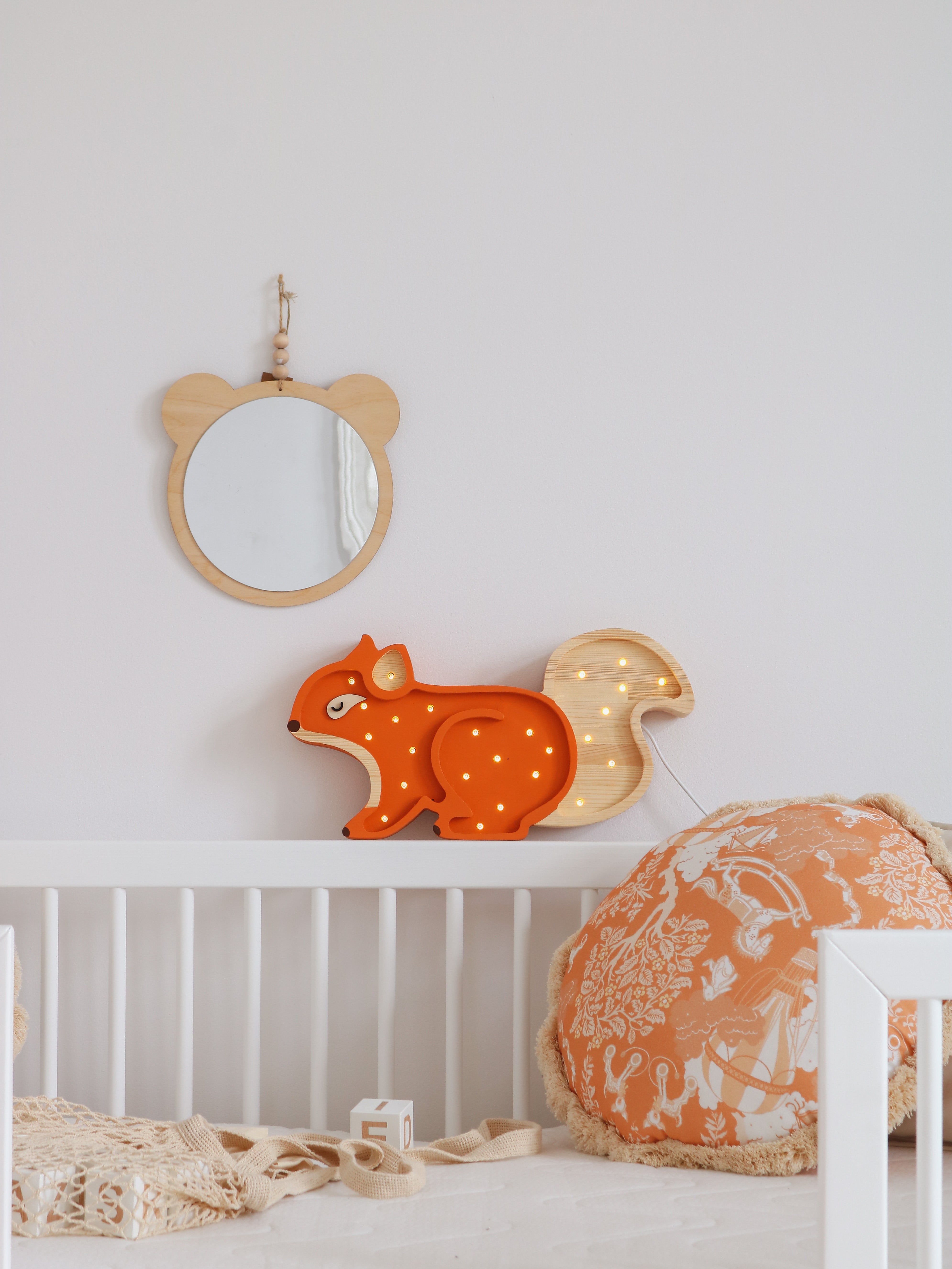 Handmade Ginger Wood Squirrel Lamp from Little Lights, wooden dimmable LED nursery light