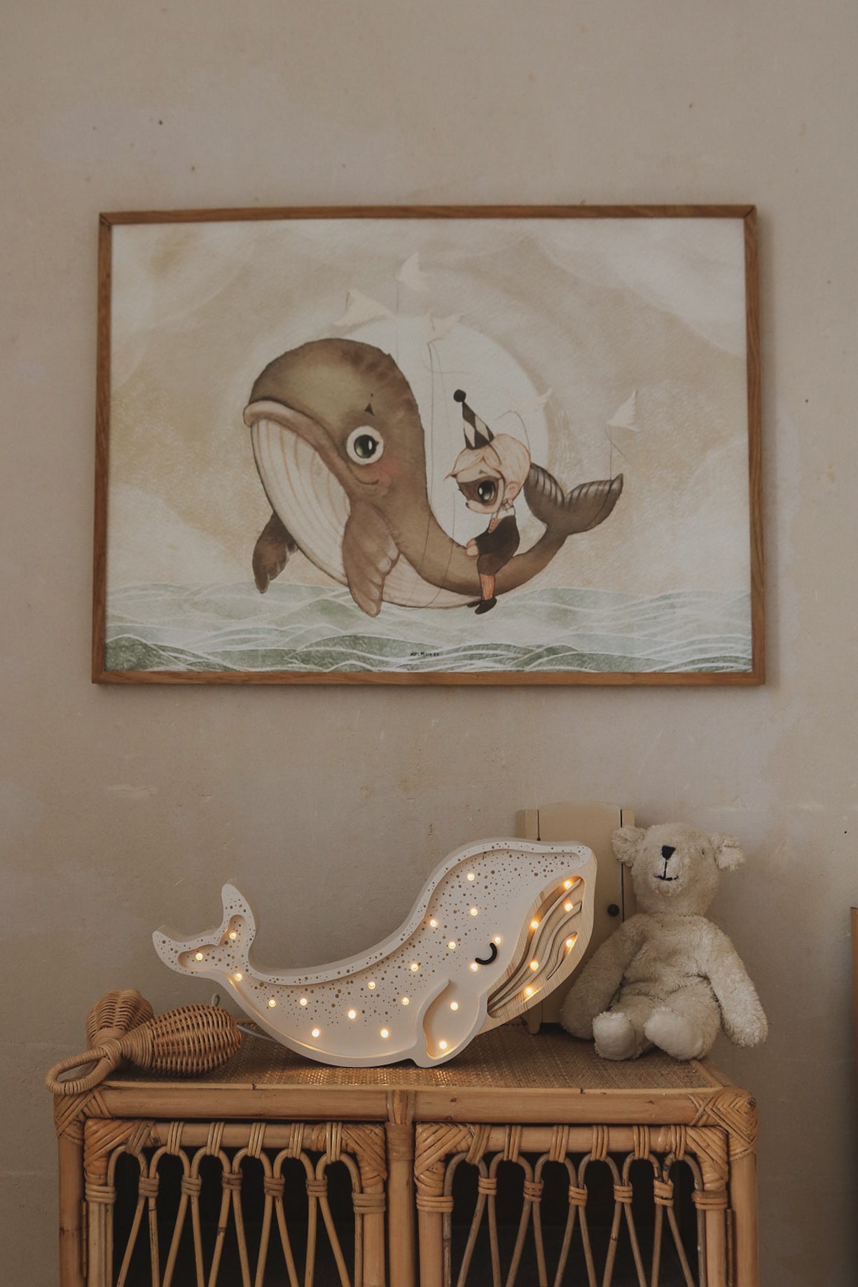 Handmade Whale Lamp in Albino White, wooden dimmable LED night light for nursery decor