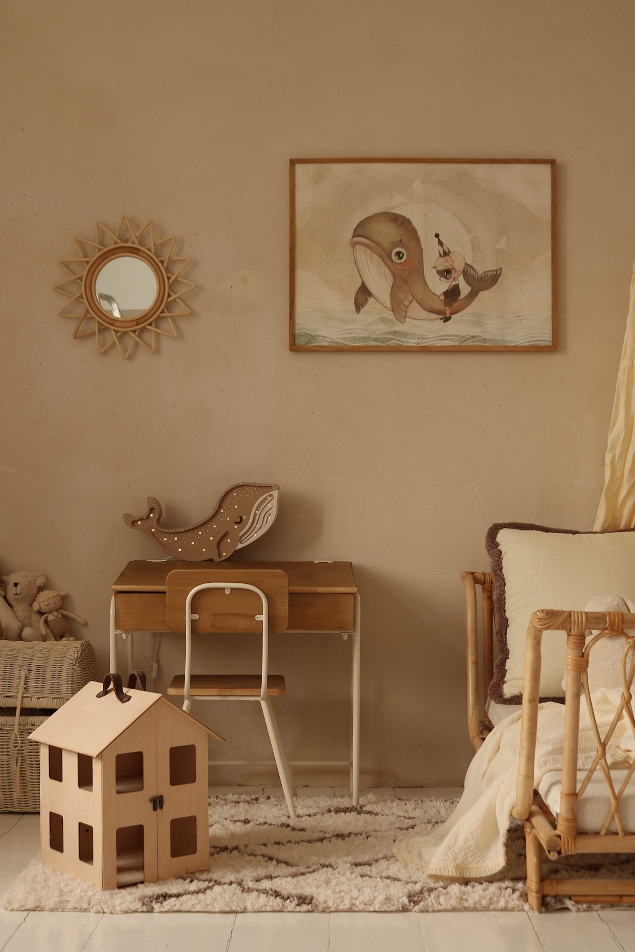 Handmade Cinnamon Brown whale night light, wooden LED lamp for nursery decor