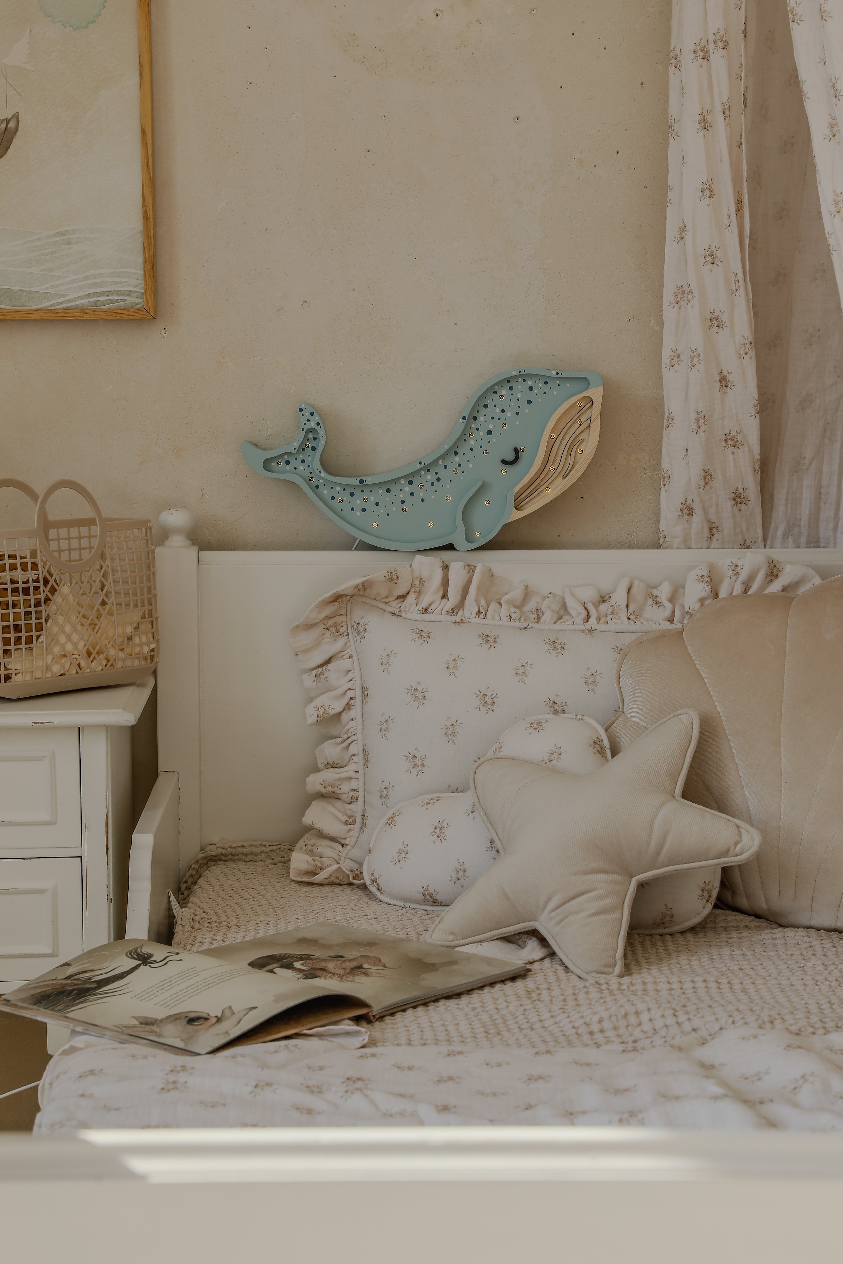 Handmade Lagoon Waves wooden whale night light, dimmable LED lamp for nursery decor