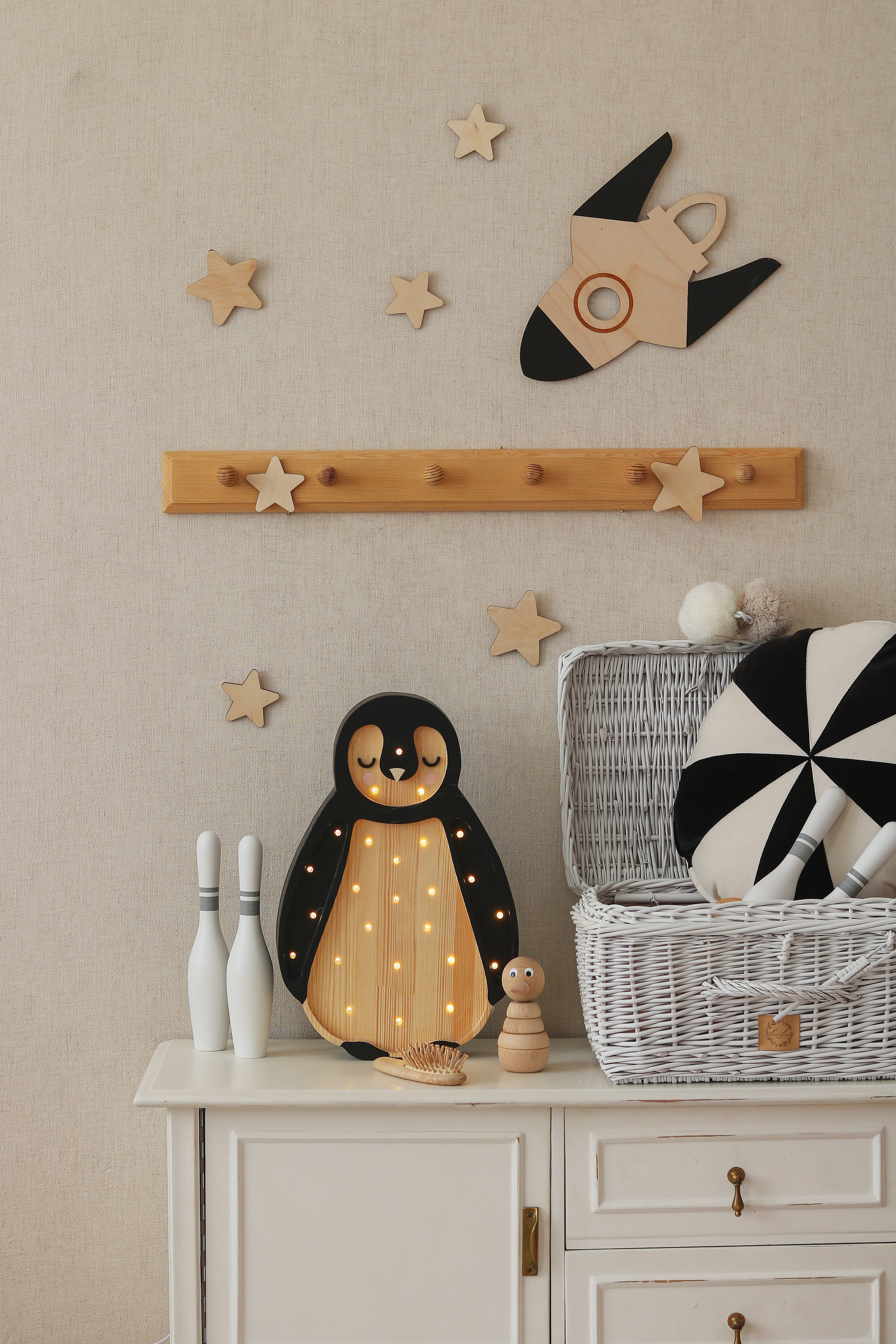 Wooden Arctic Wood Penguin Lamp, handmade by Little Lights with LED dimmable lighting