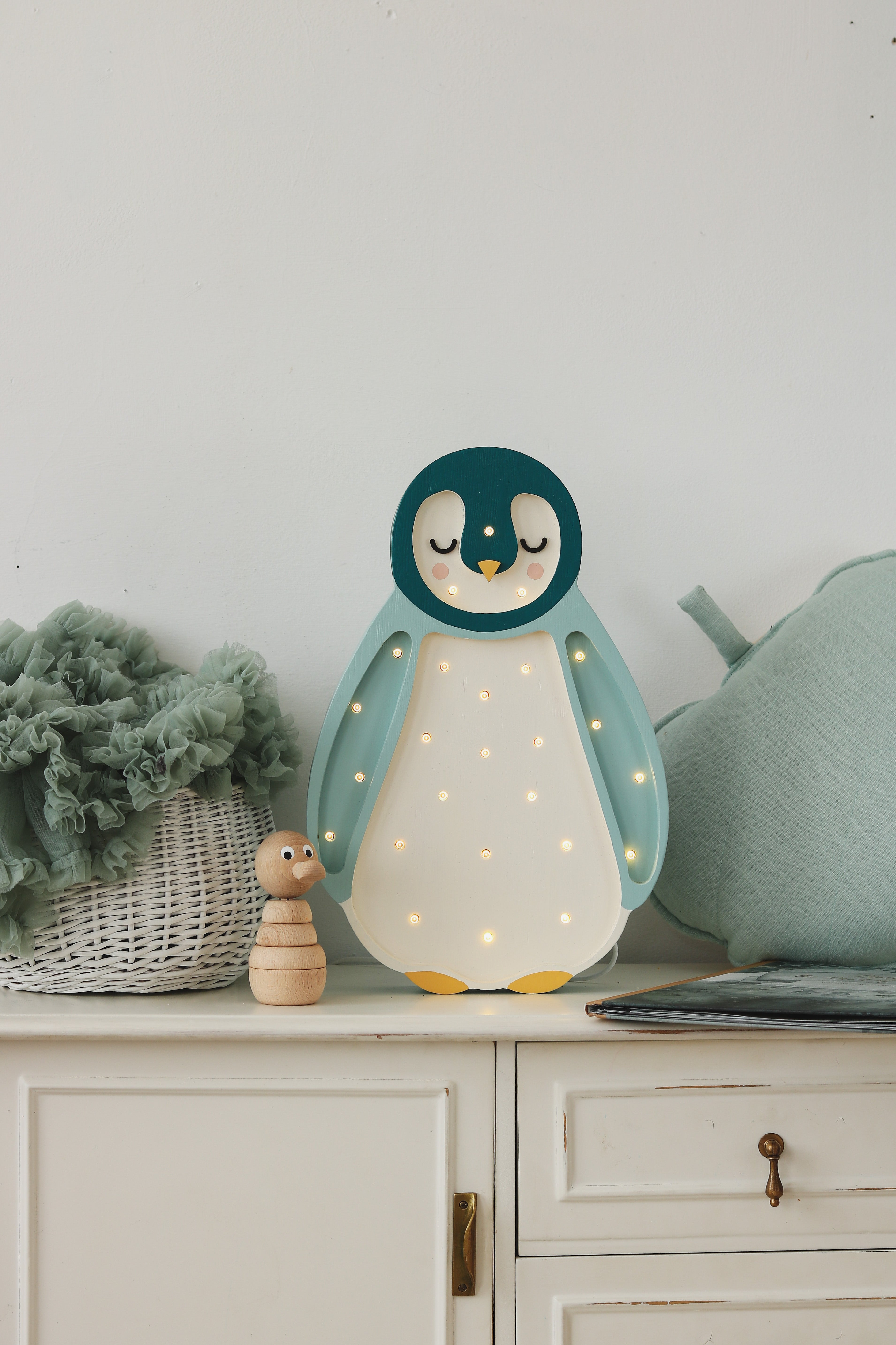 Wooden teal penguin nightlight by Little Lights, handmade LED dimmable nursery gift