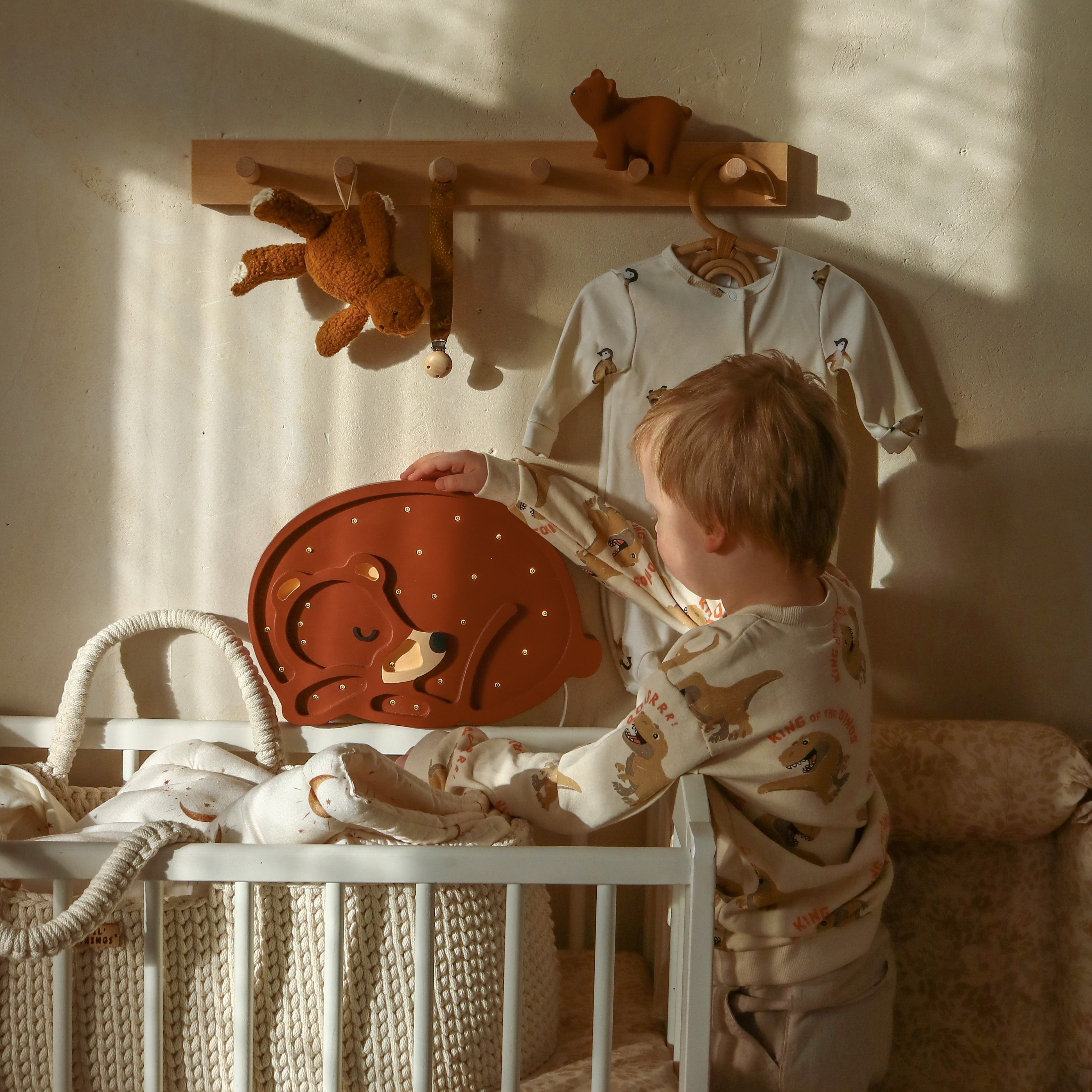 Handmade wooden Sleeping Bear Lamp by Little Lights with dimmable LED lights and remote control