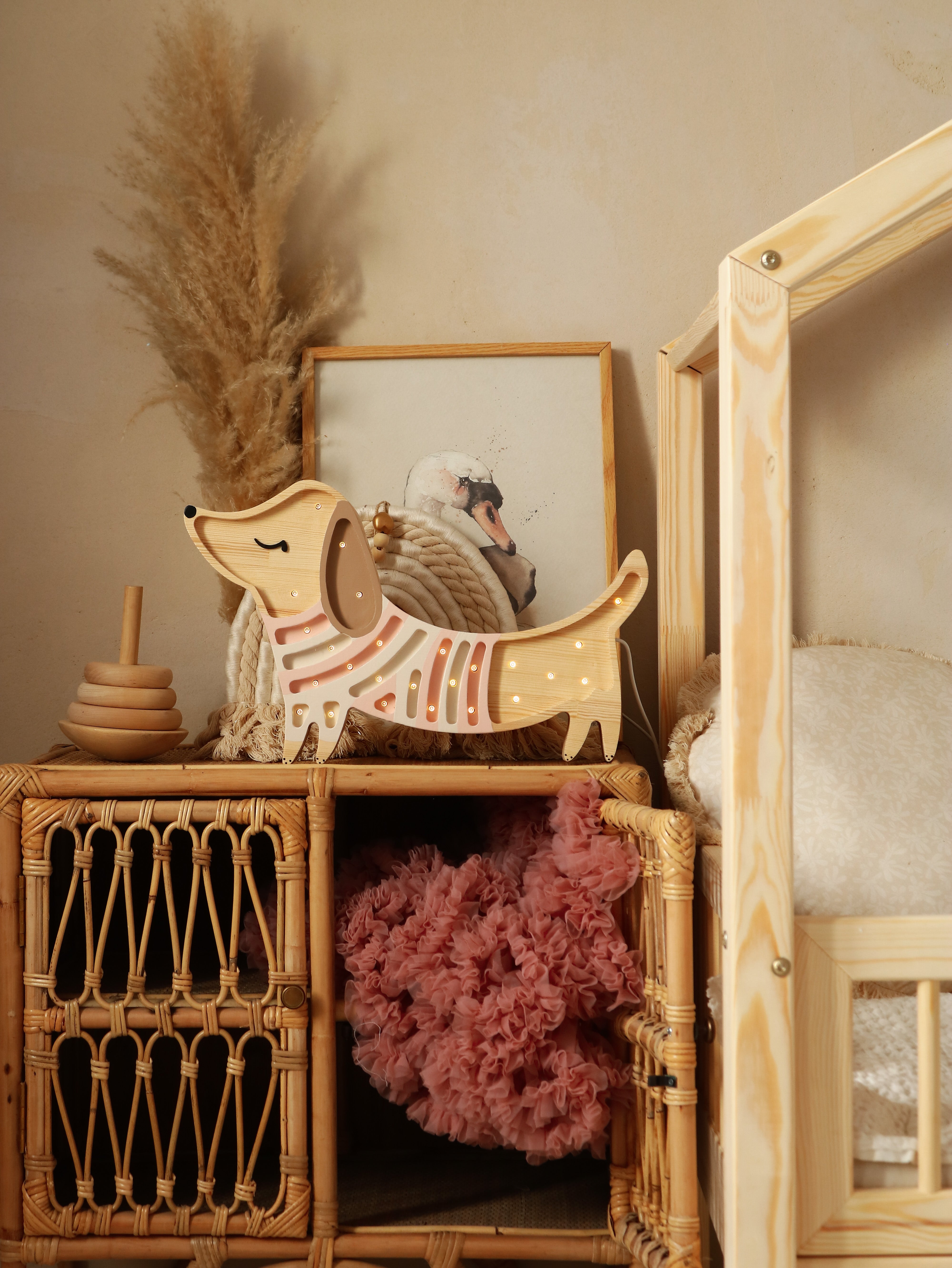 Strawberry Cream Puppy Lamp by Little Lights, handmade wooden LED nightlight with remote