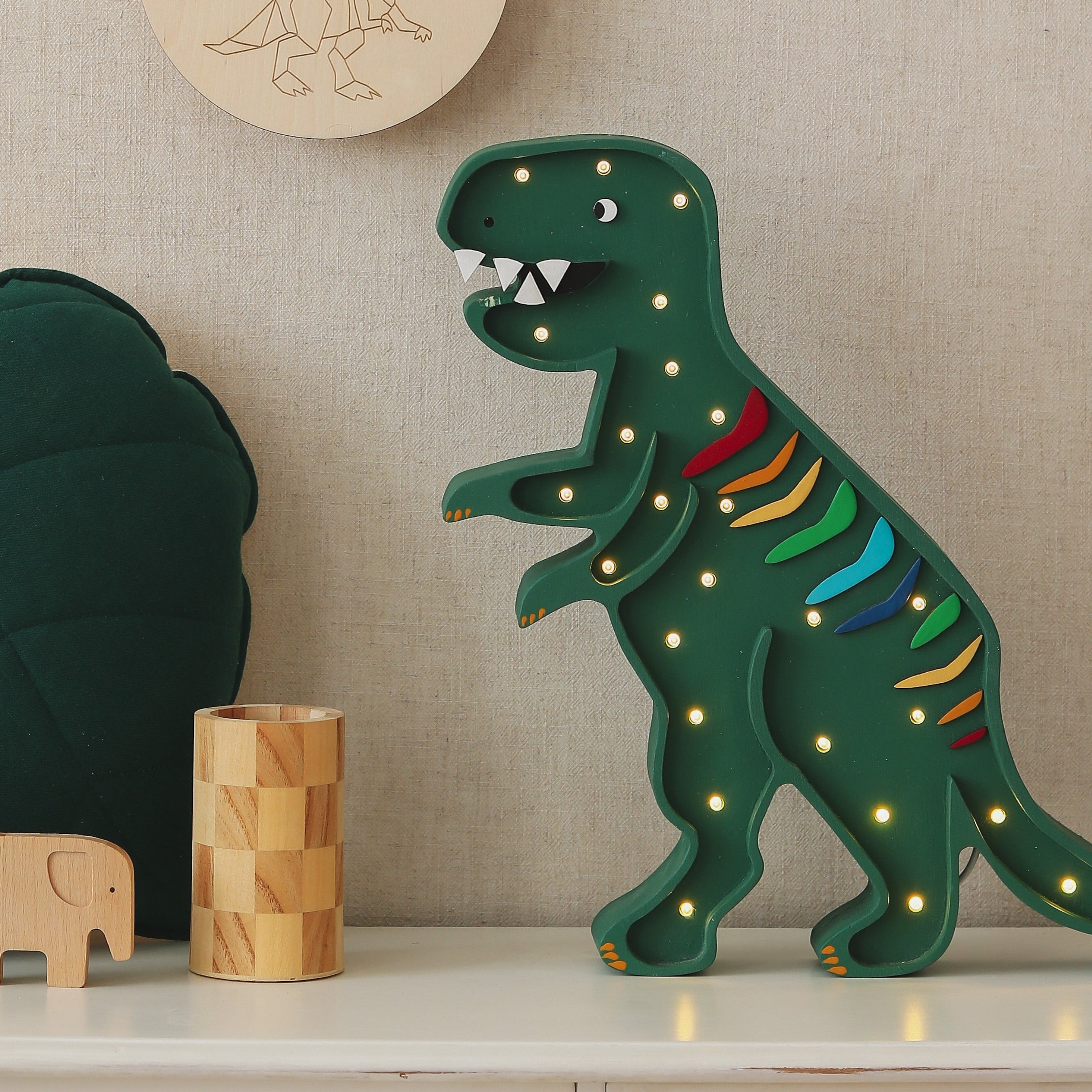 Little Lights Rainbow Green T-Rex Lamp, wooden handmade LED lamp with dimmer and remote