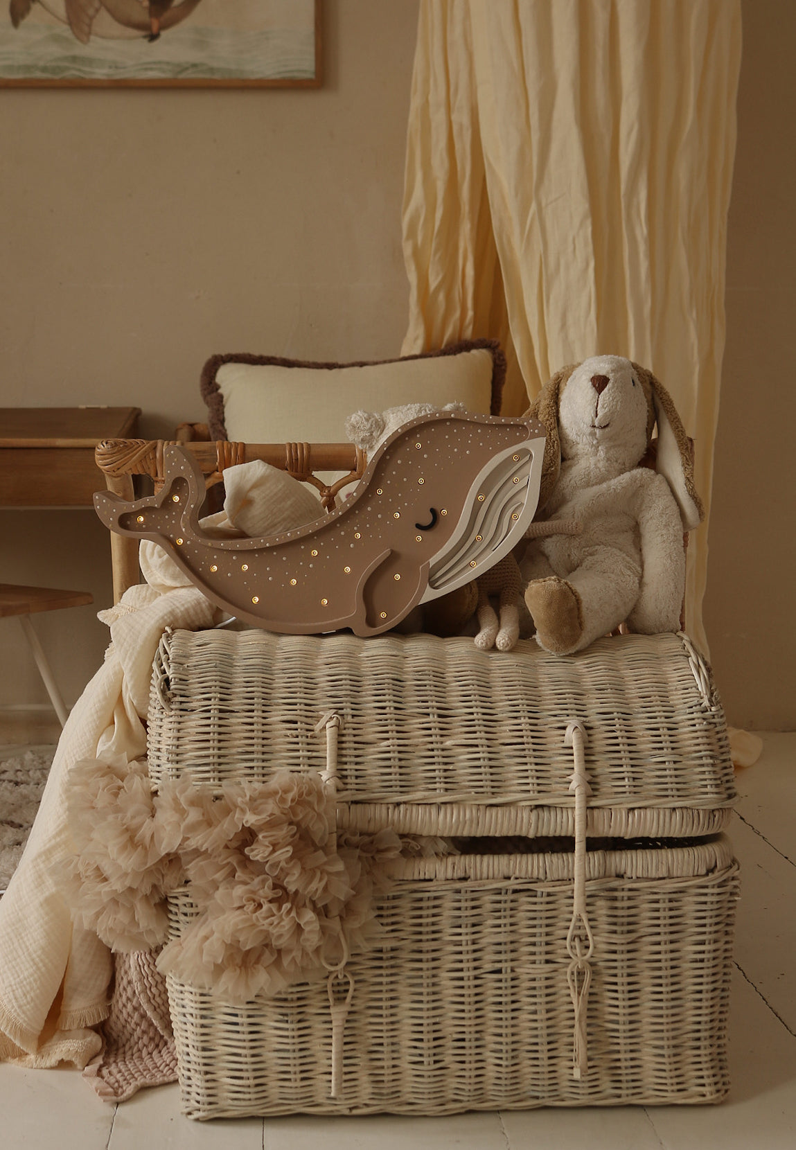 Cinnamon Brown wooden whale night light, handmade dimmable LED nursery lamp