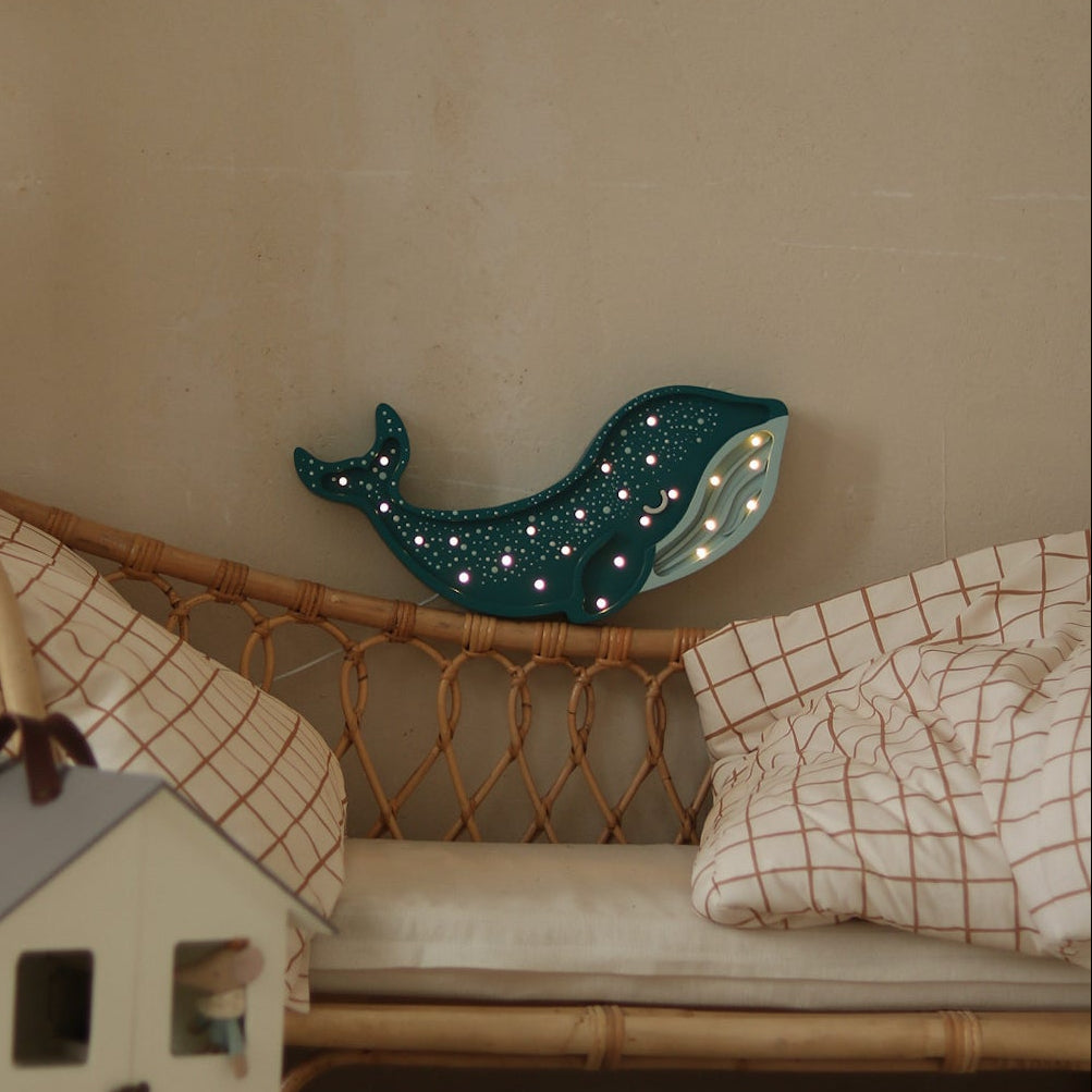Little Lights Whale Lamp in Galaxy Teal, wooden dimmable LED night light for kids' room