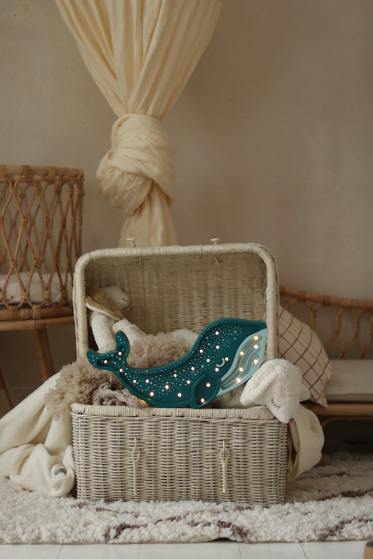 alaxy Teal wooden whale night light, handmade dimmable LED lamp for nursery decor