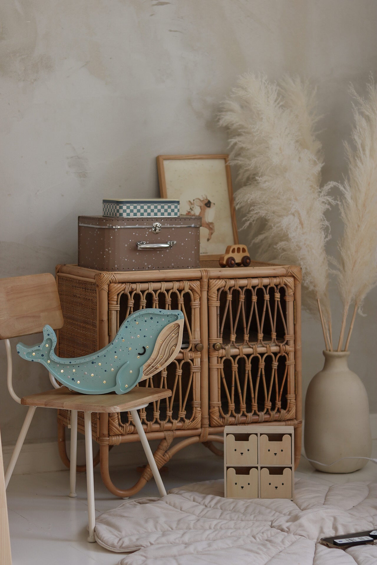 Little Lights wooden Whale Lamp in Lagoon Waves, dimmable LED nursery night light